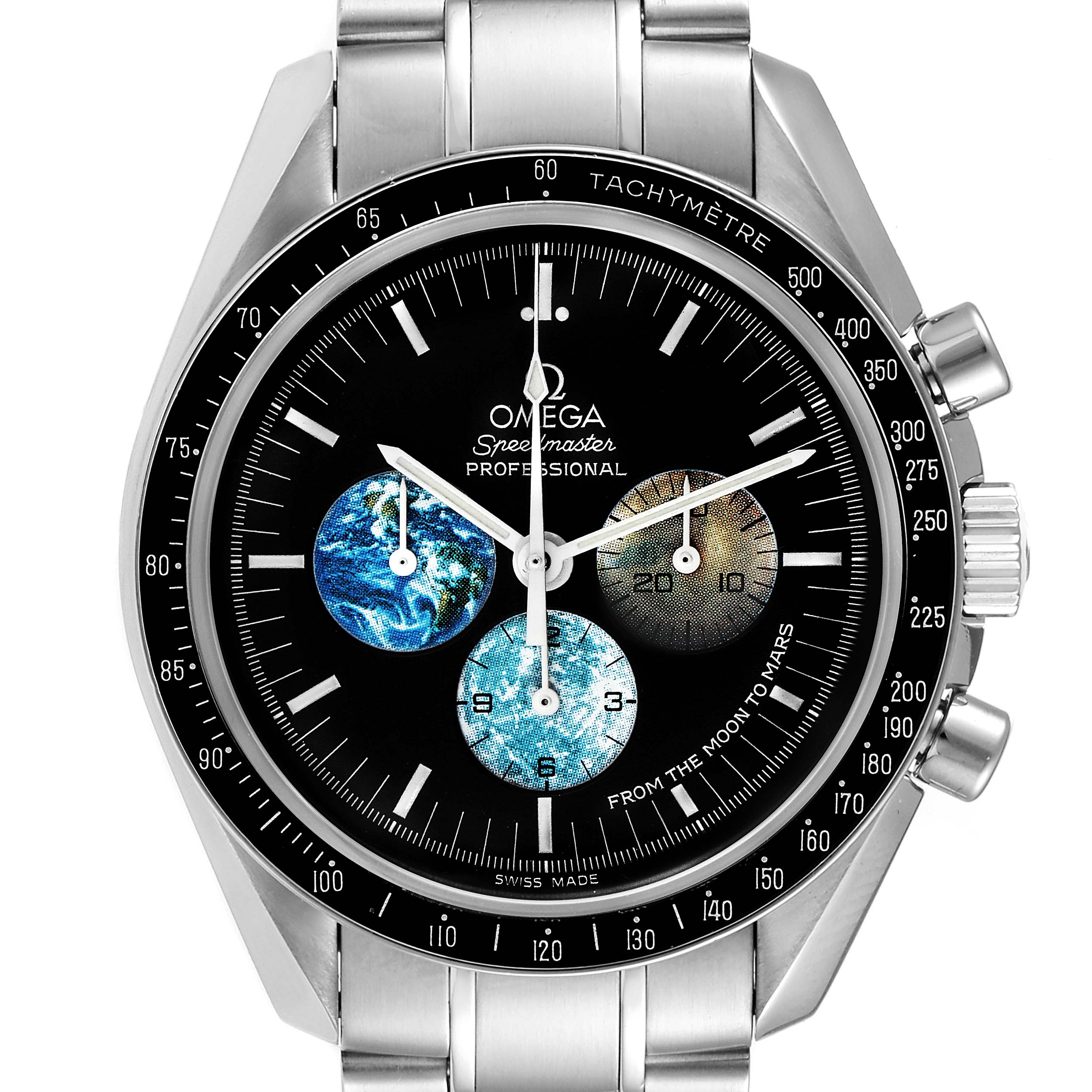 The image shows a front view of the Omega Speedmaster 3577.50.00 Men's Stainless Steel Black Dial 3577.50.00 Men's Stainless Steel Black Dial Professional watch, highlighting its tachymeter bezel and sub-dials.