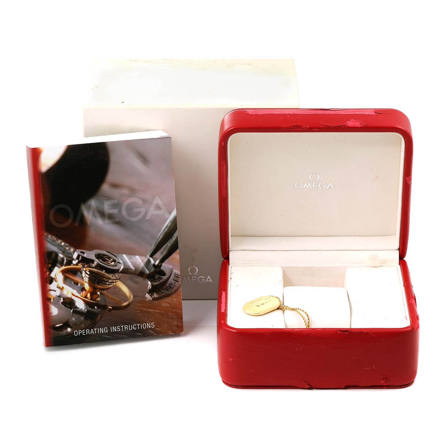 The image shows an Omega Speedmaster 3577.50.00 Men's Stainless Steel Black Dial 3577.50.00 Men's Stainless Steel Black Dial watch box, instruction manual, and a white outer box.