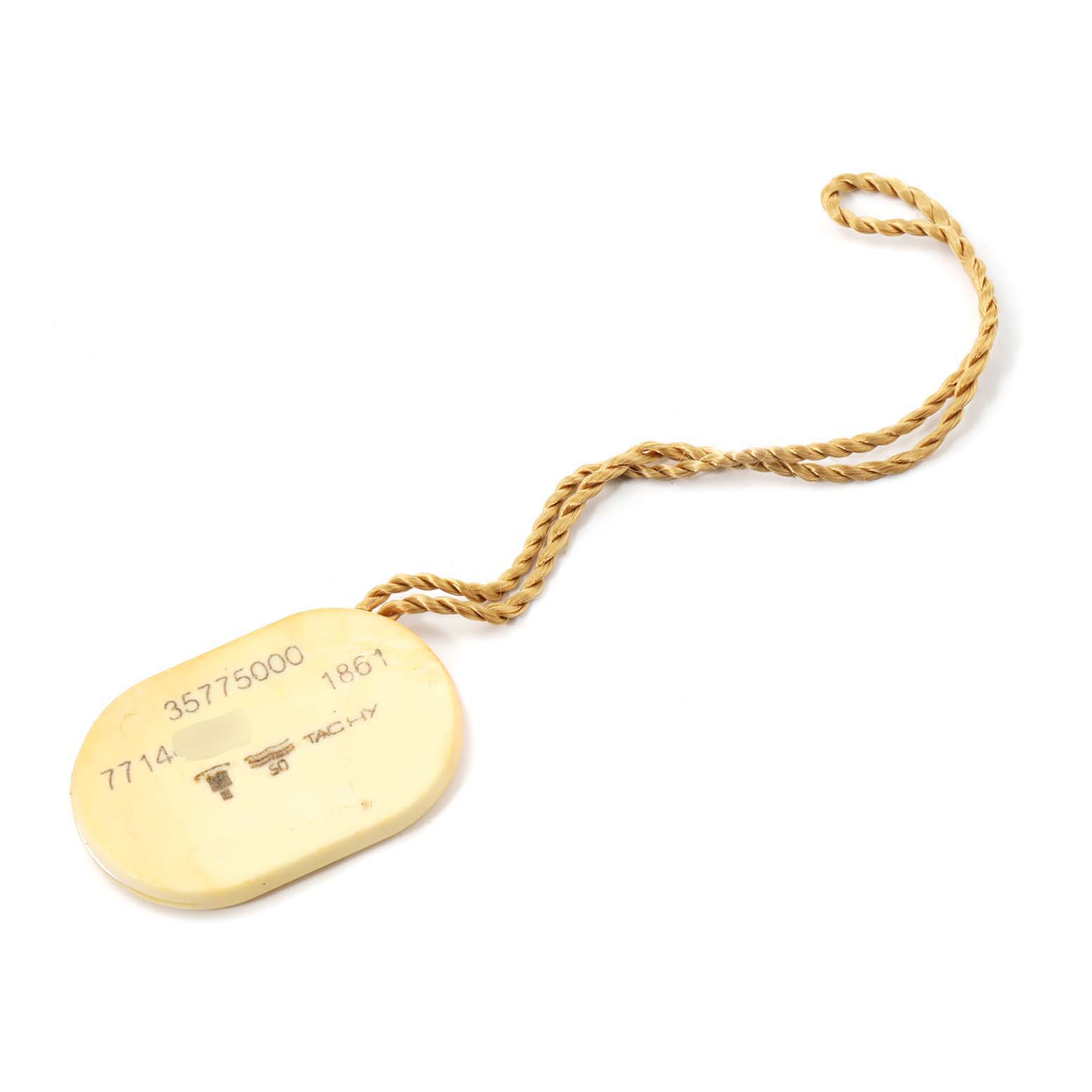 This image shows a close-up of the tag for an Omega Speedmaster 3577.50.00 Men's Stainless Steel Black Dial 3577.50.00 Men's Stainless Steel Black Dial watch model, featuring a twisted cord.