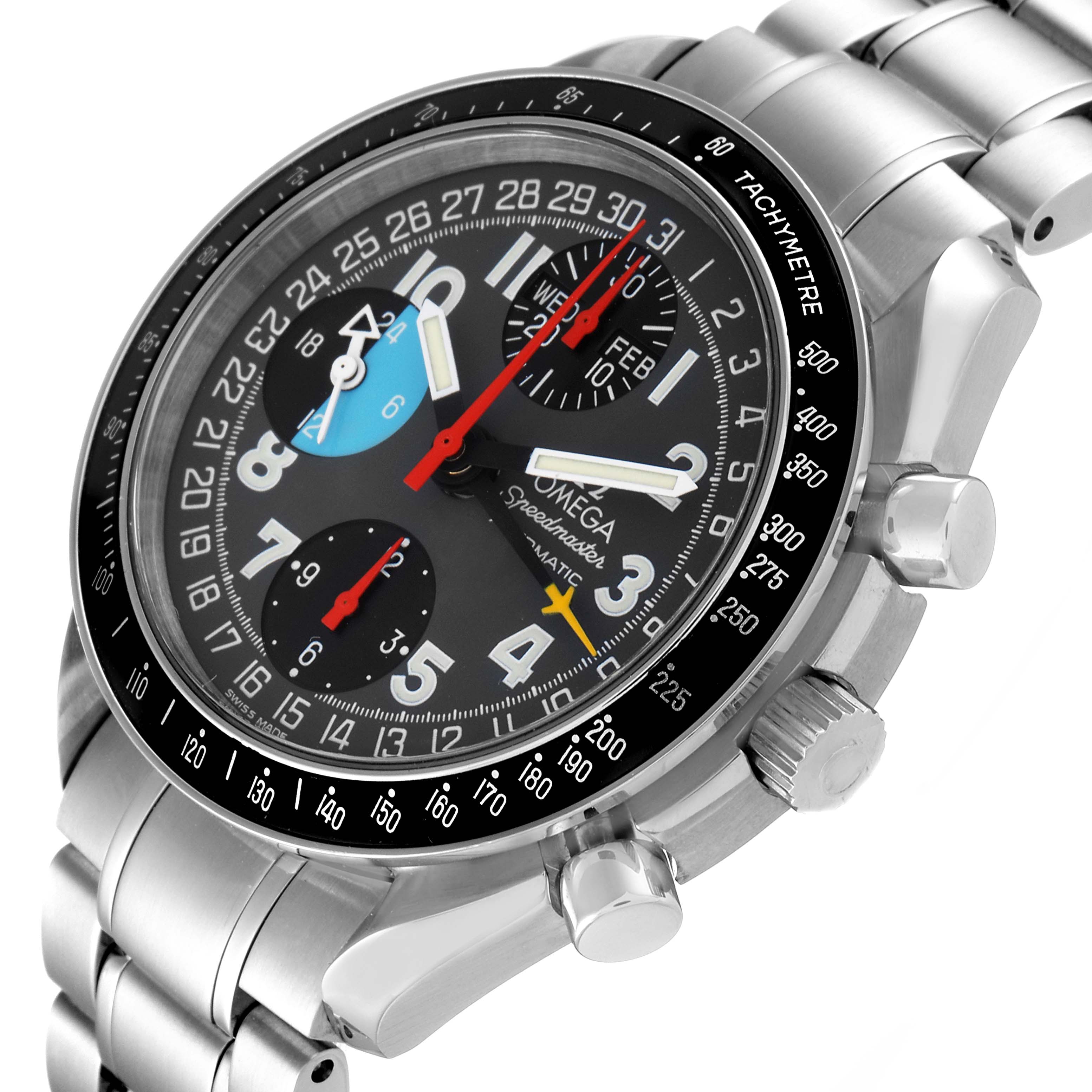 The image shows the front and side view of an Omega Speedmaster 3520.53.00 Men
s Stainless Steel Grey Dial 3520.53.00 Men
s Stainless Steel Grey Dial watch, highlighting its face, bezel, and bracelet.