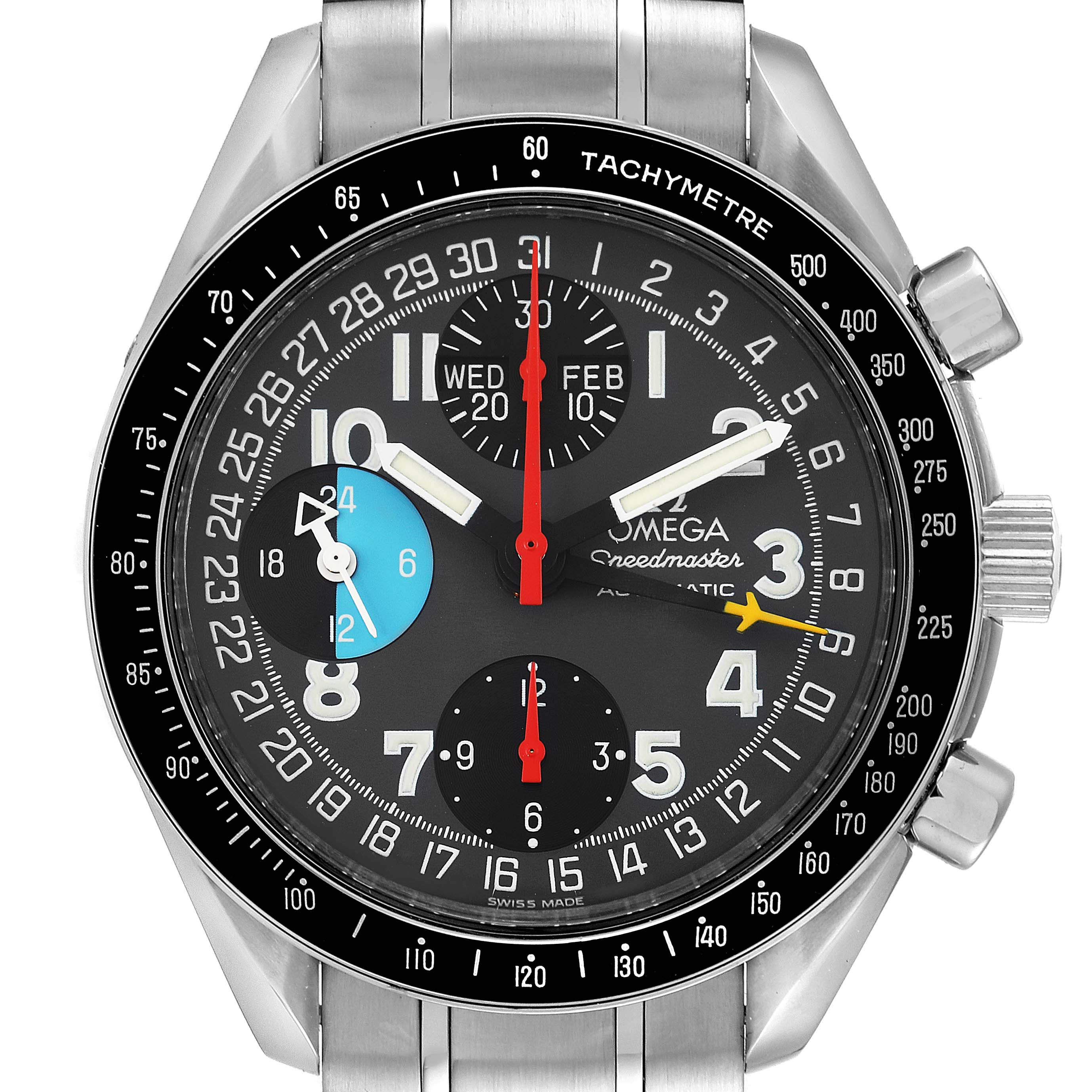 The image shows a front view of the Omega Speedmaster 3520.53.00 Men
s Stainless Steel Grey Dial 3520.53.00 Men
s Stainless Steel Grey Dial watch, displaying its face, dial, and chronograph sub-dials.