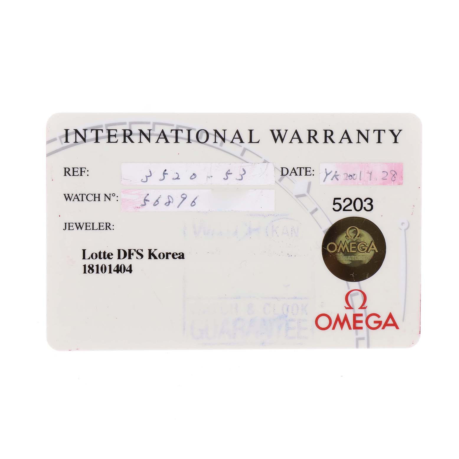 The image shows an international warranty card for an Omega Speedmaster 3520.53.00 Men
s Stainless Steel Grey Dial 3520.53.00 Men
s Stainless Steel Grey Dial watch. 