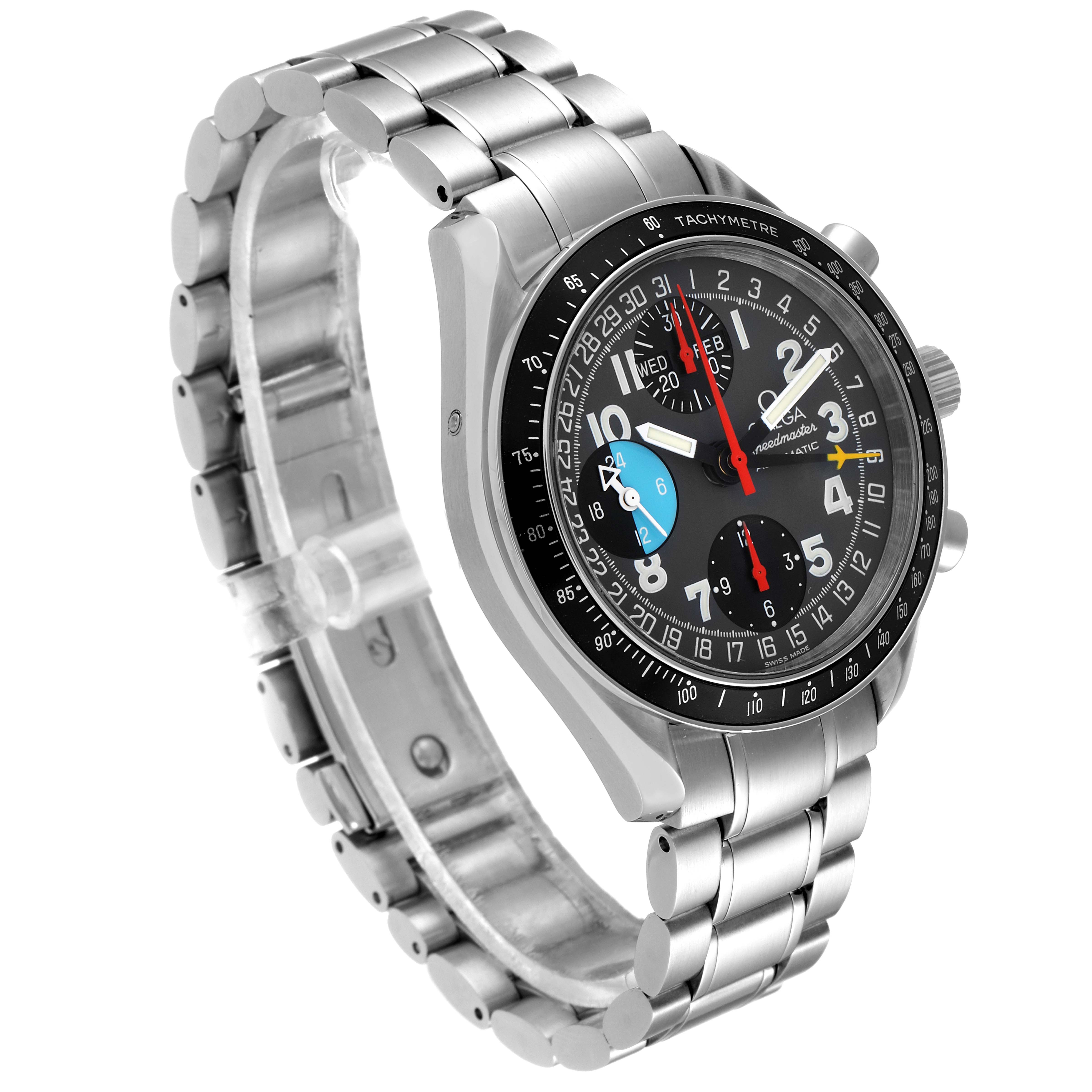 The Omega Speedmaster 3520.53.00 Men
s Stainless Steel Grey Dial 3520.53.00 Men
s Stainless Steel Grey Dial watch is shown at a three-quarter angle, highlighting its metal band, tachymeter bezel, and multi-function dial.