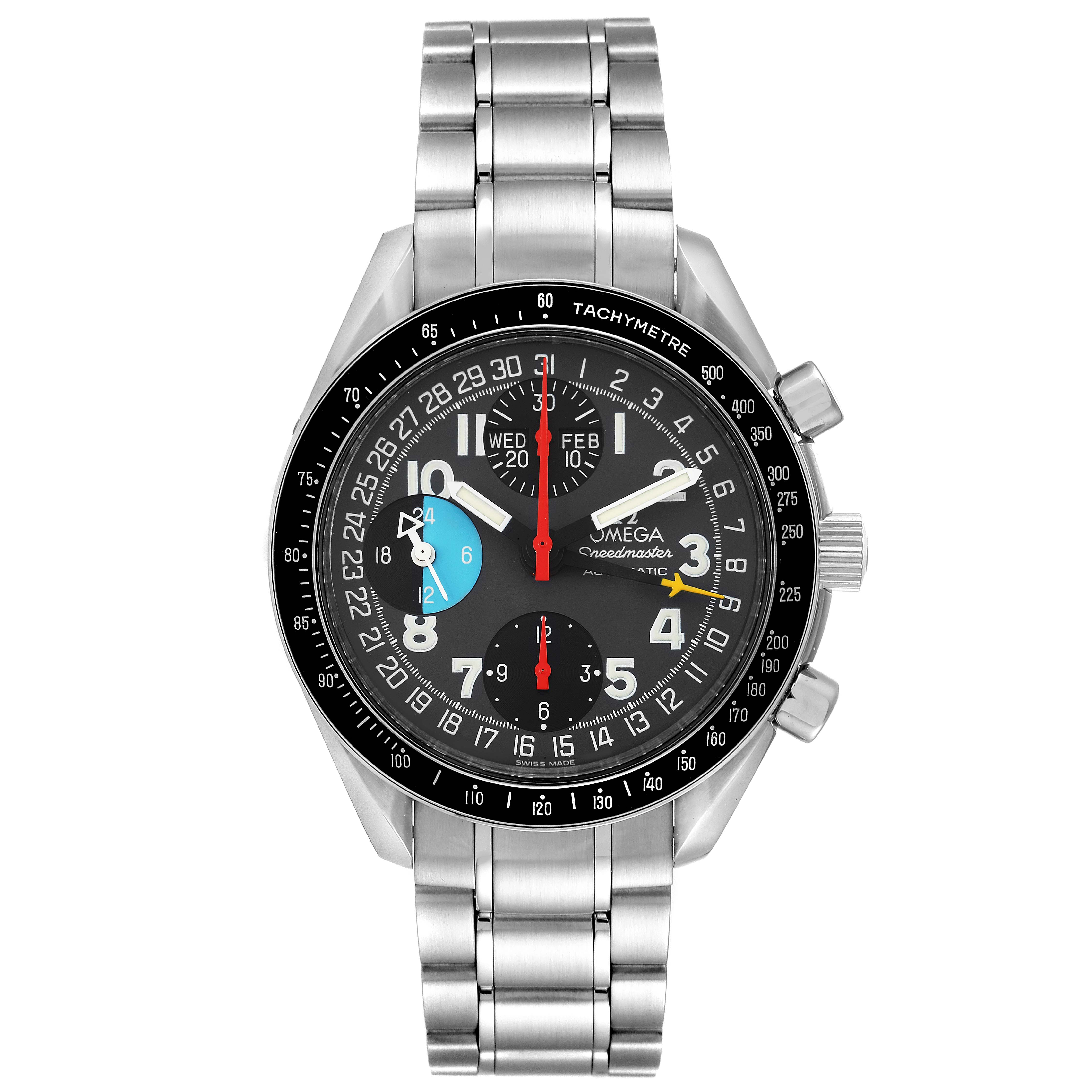 The image shows a front view of the Omega Speedmaster 3520.53.00 Men
s Stainless Steel Grey Dial 3520.53.00 Men
s Stainless Steel Grey Dial watch, displaying its dial, hands, subdials, and metal bracelet.