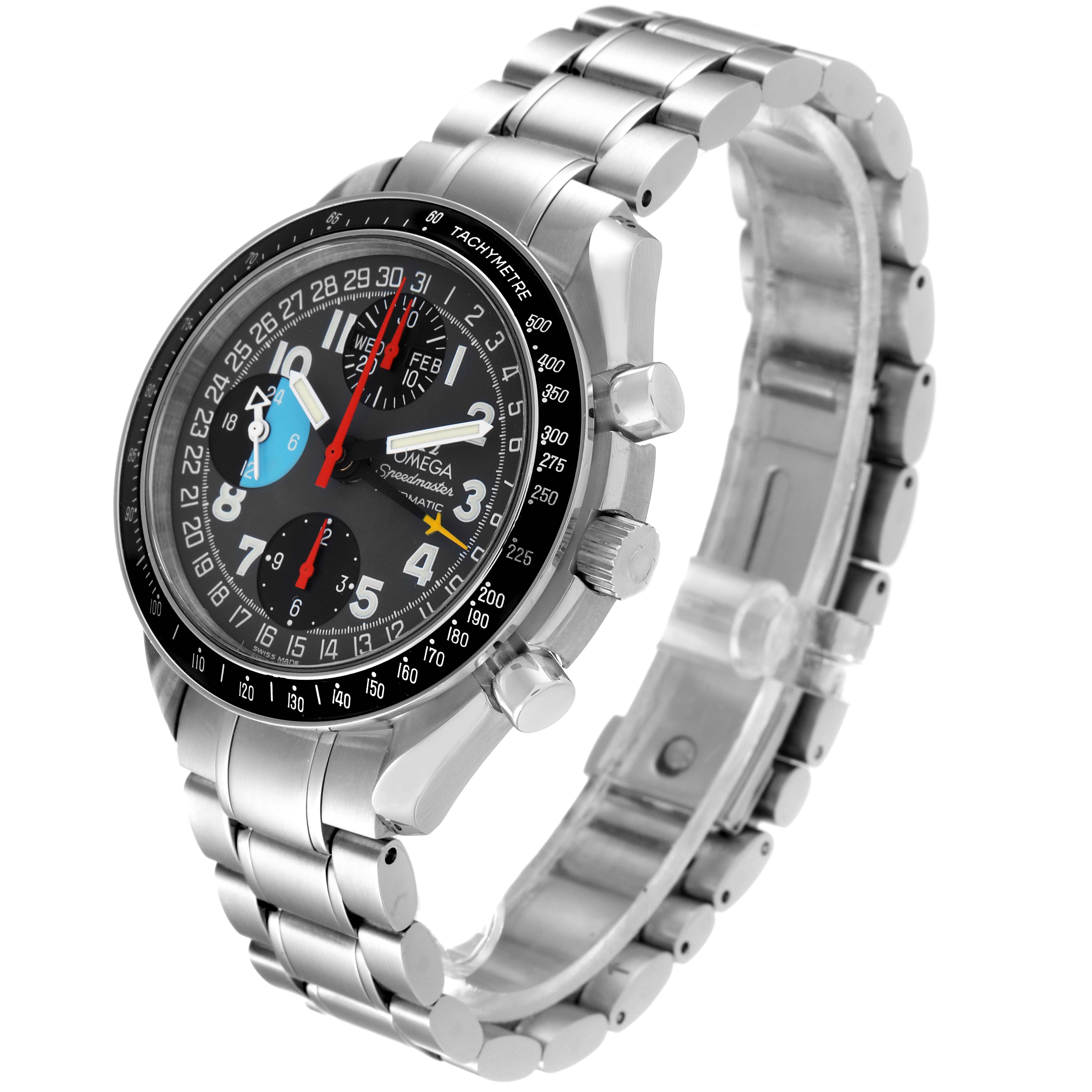 This Omega Speedmaster 3520.53.00 Men
s Stainless Steel Grey Dial 3520.53.00 Men
s Stainless Steel Grey Dial watch is shown at a three-quarter angle highlighting the face, crown, pushers, and stainless steel bracelet.