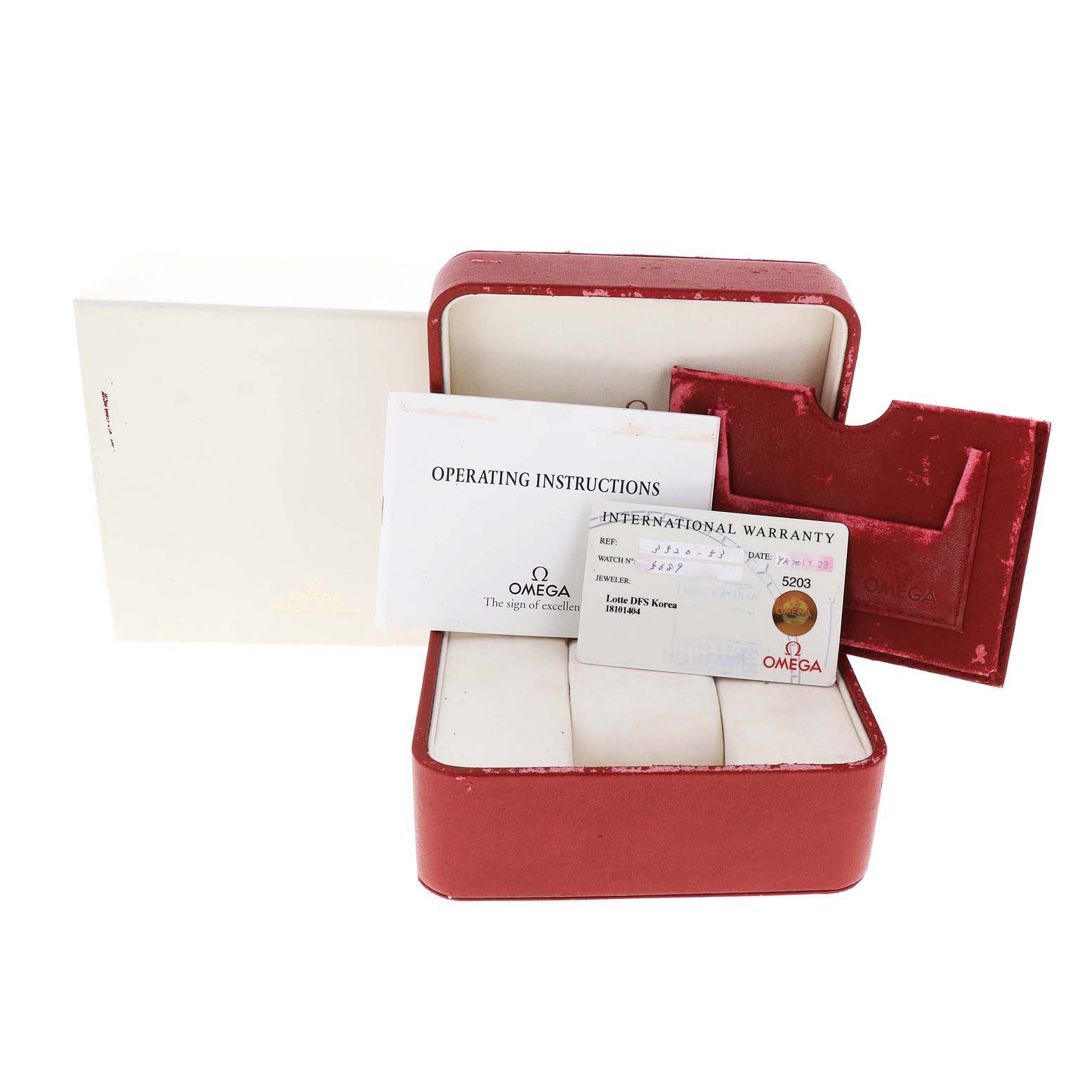 The image shows the red box, operating instructions, and international warranty card for the Omega Speedmaster 3520.53.00 Men
s Stainless Steel Grey Dial 3520.53.00 Men
s Stainless Steel Grey Dial watch.