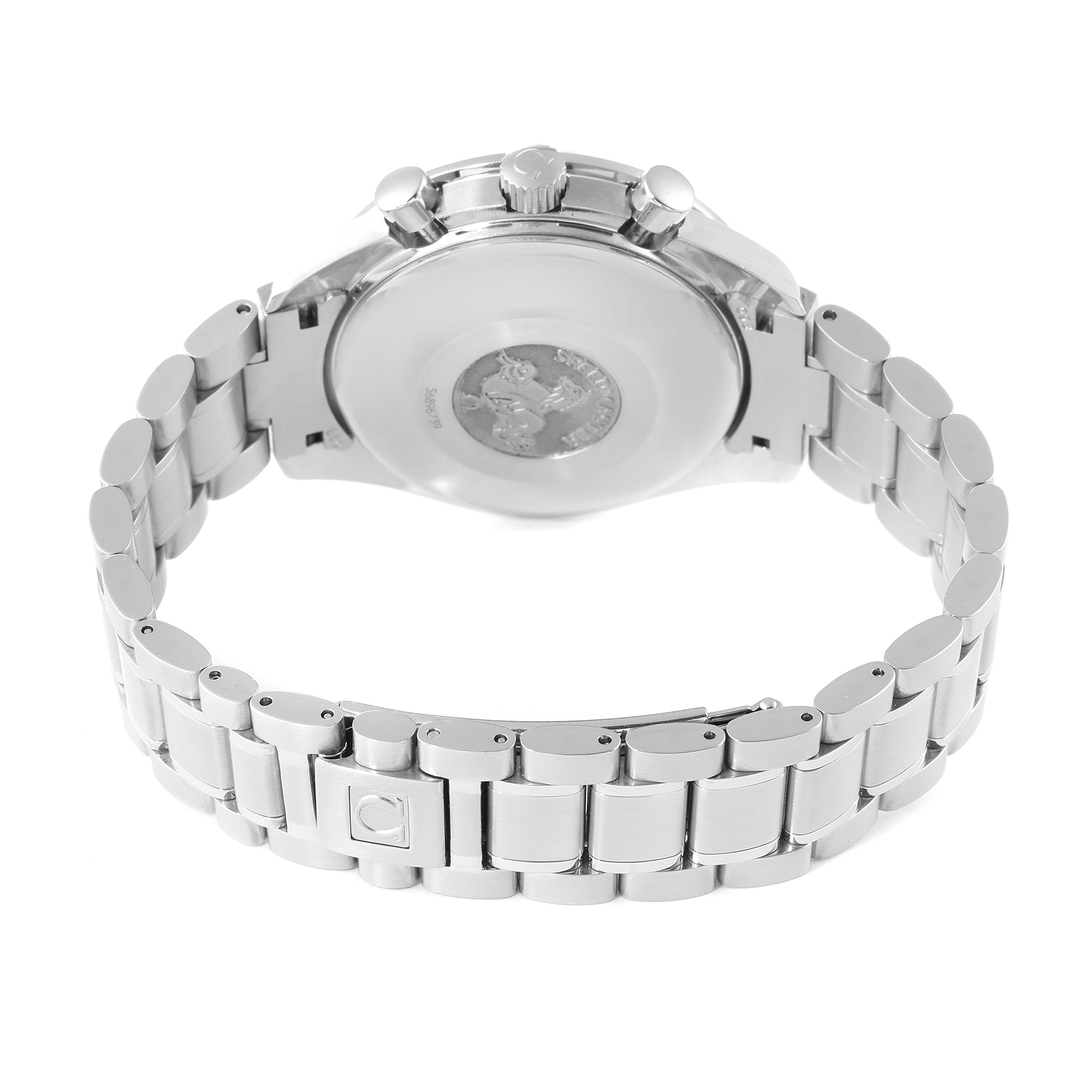 The image shows the back and clasp of an Omega Speedmaster 3520.53.00 Men
s Stainless Steel Grey Dial 3520.53.00 Men
s Stainless Steel Grey Dial watch, highlighting its metal bracelet and engraved case back.