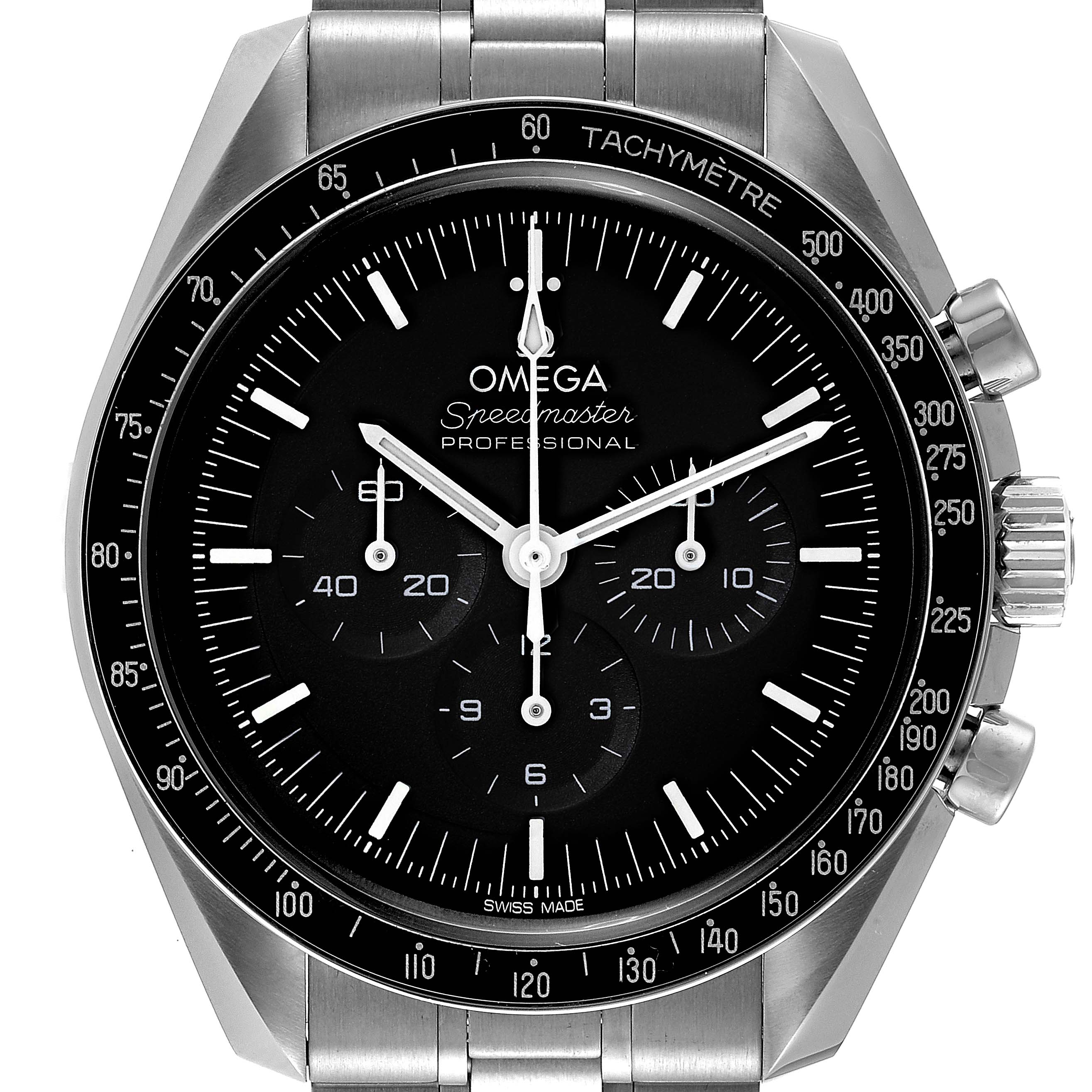 The image shows a front view of the Omega Speedmaster 310.30.42.50.01.001 Men's Stainless Steel Black Dial 310.30.42.50.01.001 Men's Stainless Steel Black Dial watch, displaying the dial, bezel, and pushers.