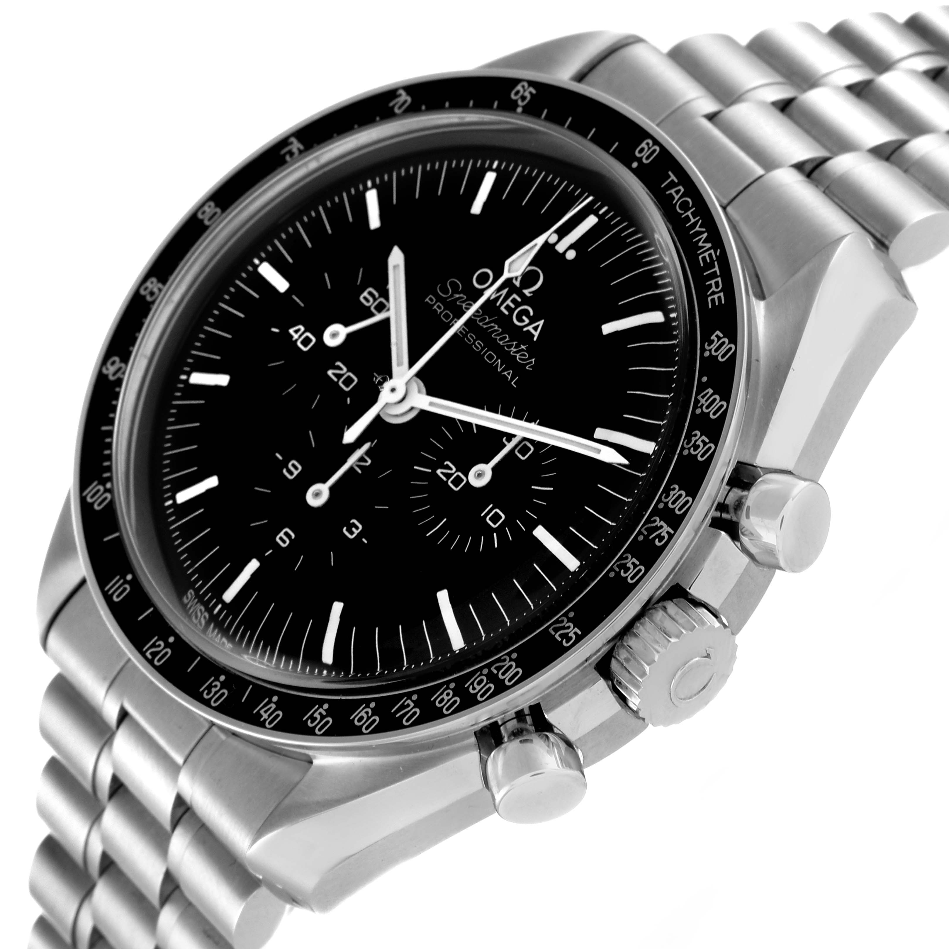 The image shows an angled close-up of the Omega Speedmaster 310.30.42.50.01.001 Men's Stainless Steel Black Dial 310.30.42.50.01.001 Men's Stainless Steel Black Dial's face and stainless steel bracelet, highlighting its crown and pushers.