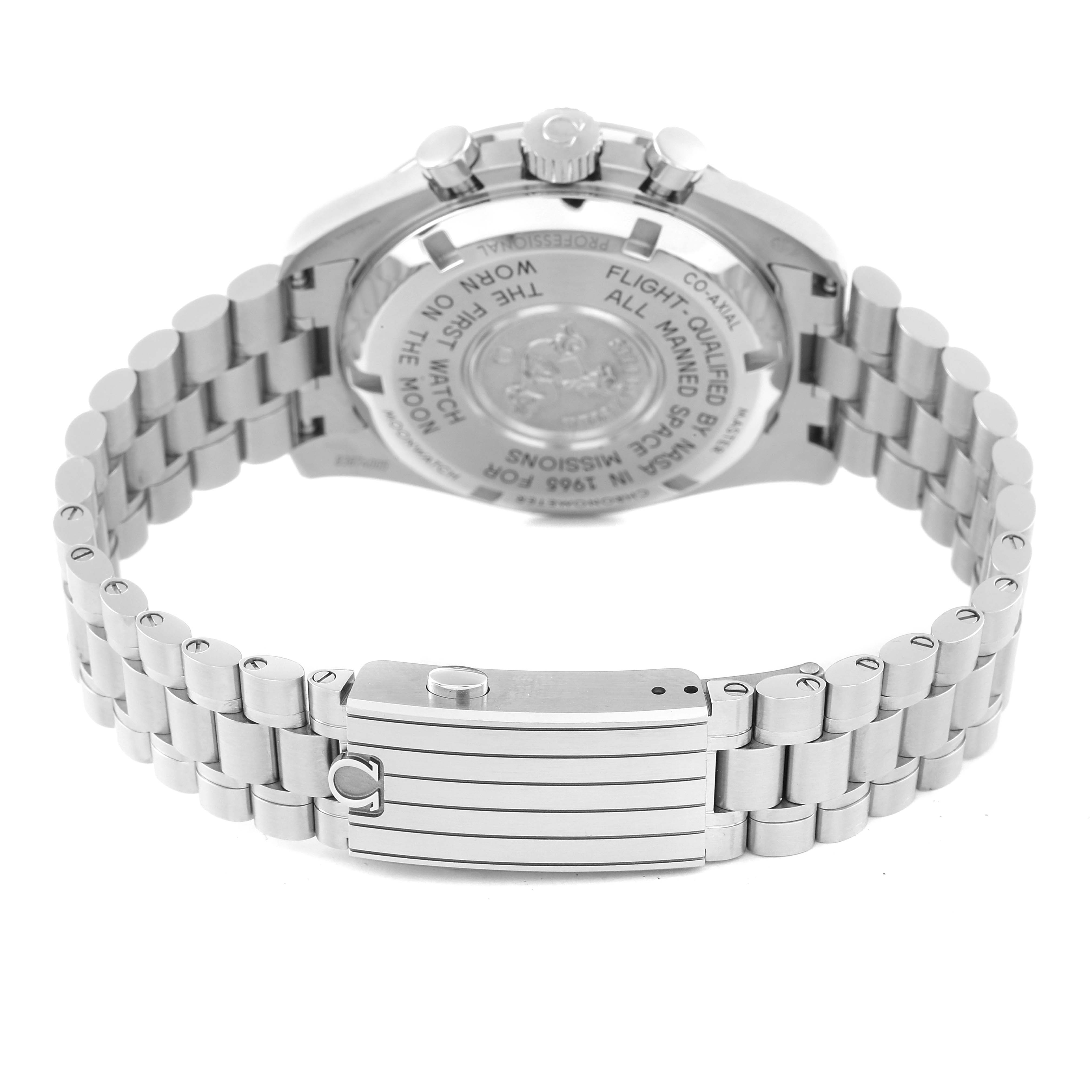 The image shows the back side of the Omega Speedmaster 310.30.42.50.01.001 Men's Stainless Steel Black Dial 310.30.42.50.01.001 Men's Stainless Steel Black Dial watch, focusing on the clasp and bracelet's metal links.