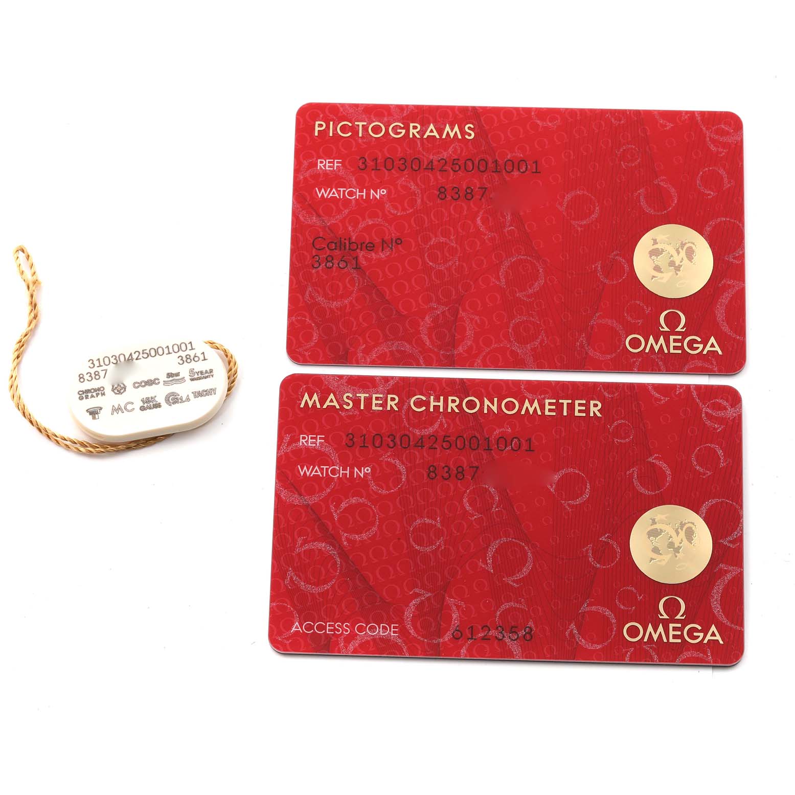 The image shows two red Omega cards labeled "Pictograms" and "Master Chronometer," and a tag for the Omega Speedmaster 310.30.42.50.01.001 Men's Stainless Steel Black Dial 310.30.42.50.01.001 Men's Stainless Steel Black Dial watch.