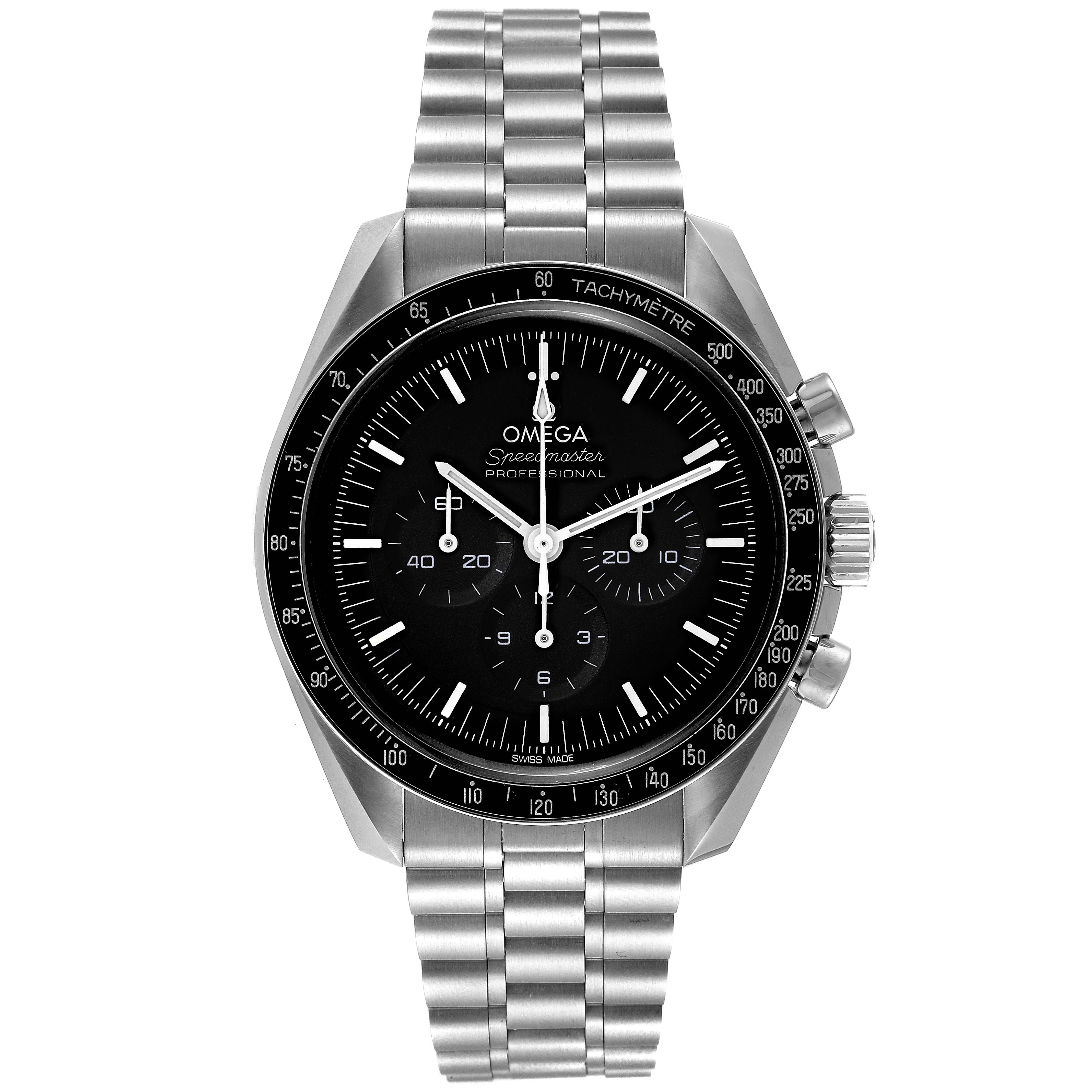 The image shows a front view of the Omega Speedmaster 310.30.42.50.01.001 Men's Stainless Steel Black Dial 310.30.42.50.01.001 Men's Stainless Steel Black Dial Professional watch with its stainless steel bracelet and tachymeter bezel.