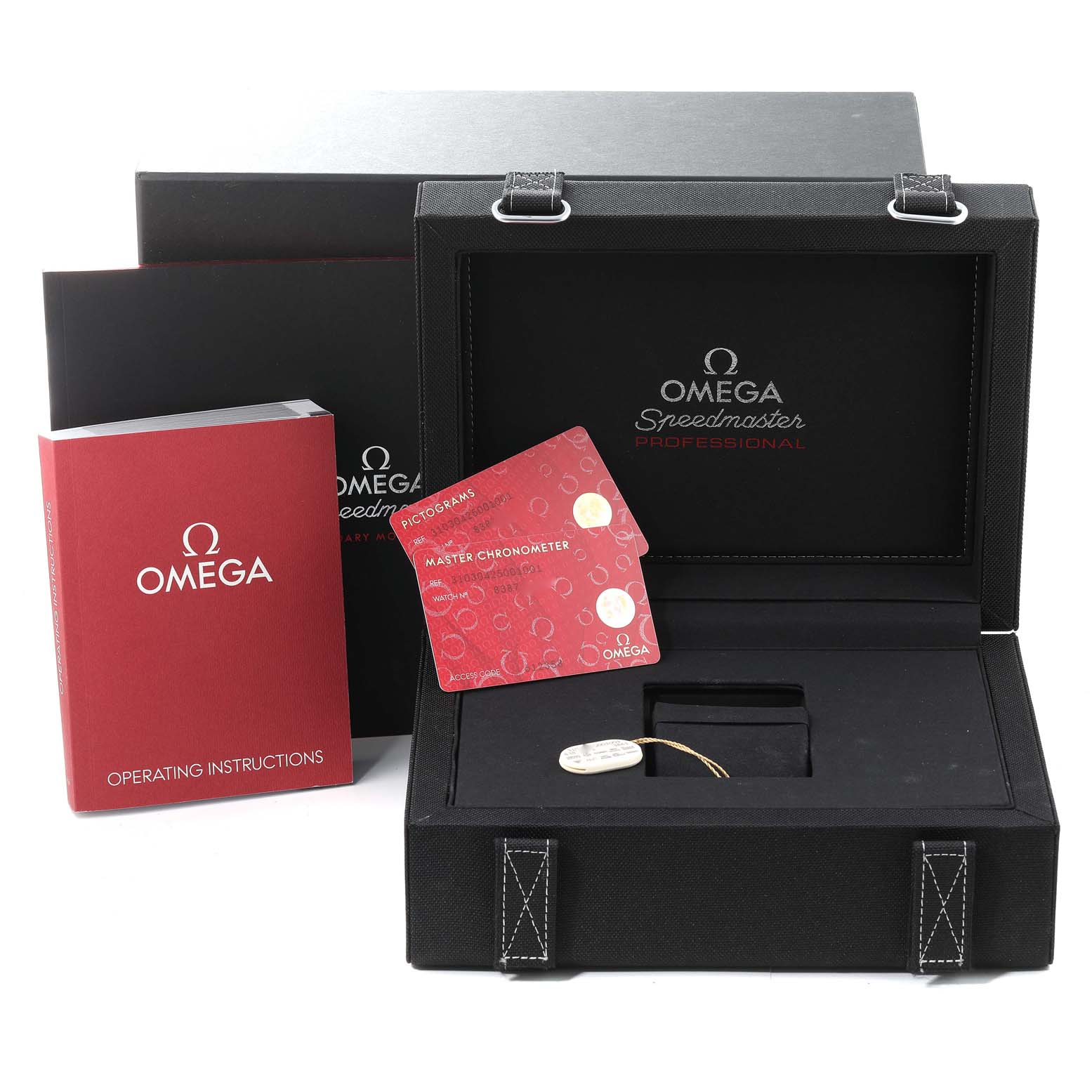 The image shows the packaging, an instruction manual, and warranty cards for an Omega Speedmaster 310.30.42.50.01.001 Men's Stainless Steel Black Dial 310.30.42.50.01.001 Men's Stainless Steel Black Dial watch.