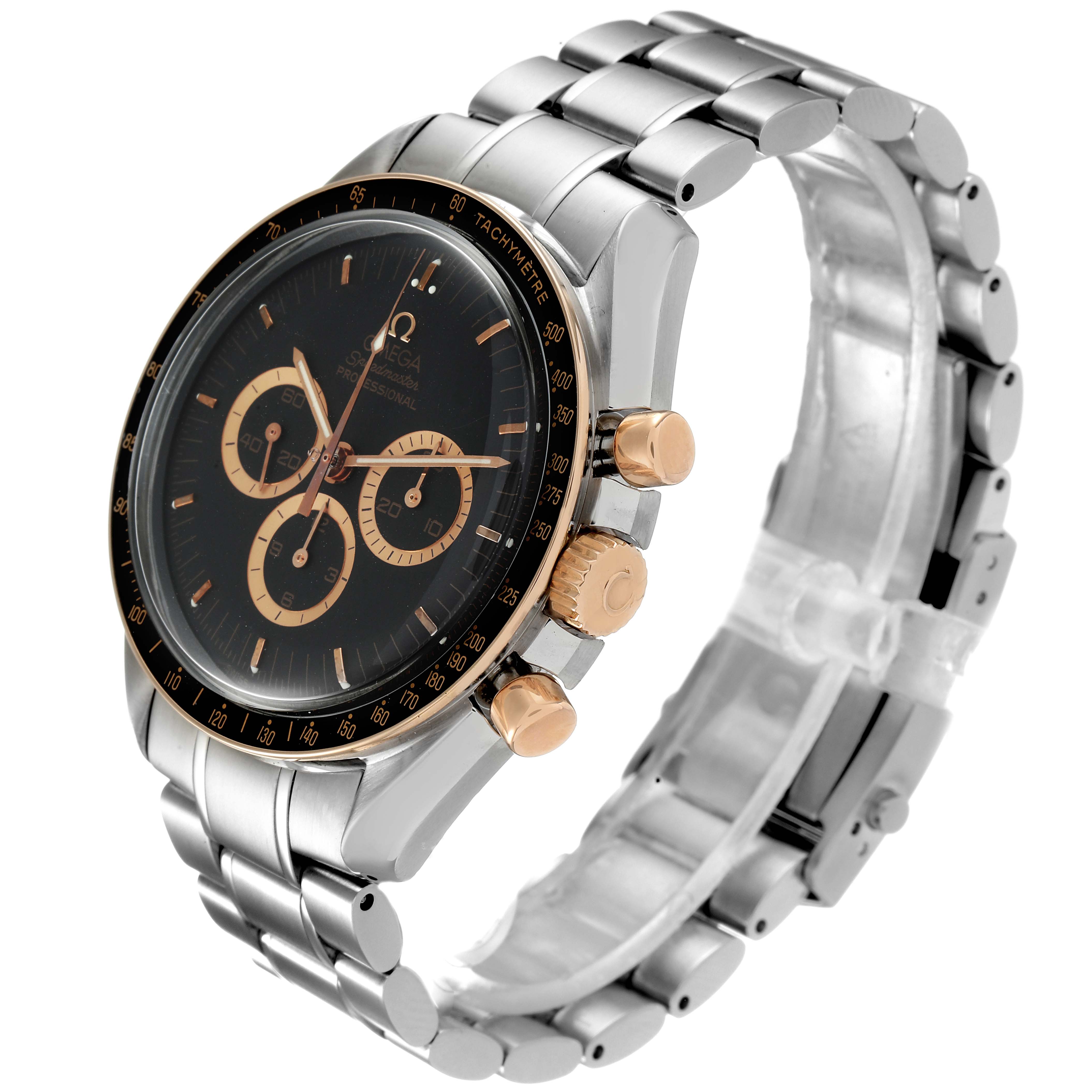 The image shows an Omega Speedmaster 3366.51.00 Men's Steel and Gold (two tone) Black Dial 3366.51.00 Men's Steel and Gold (two tone) Black Dial watch at an oblique angle, highlighting the dial, bezel, chronograph, and bracelet.