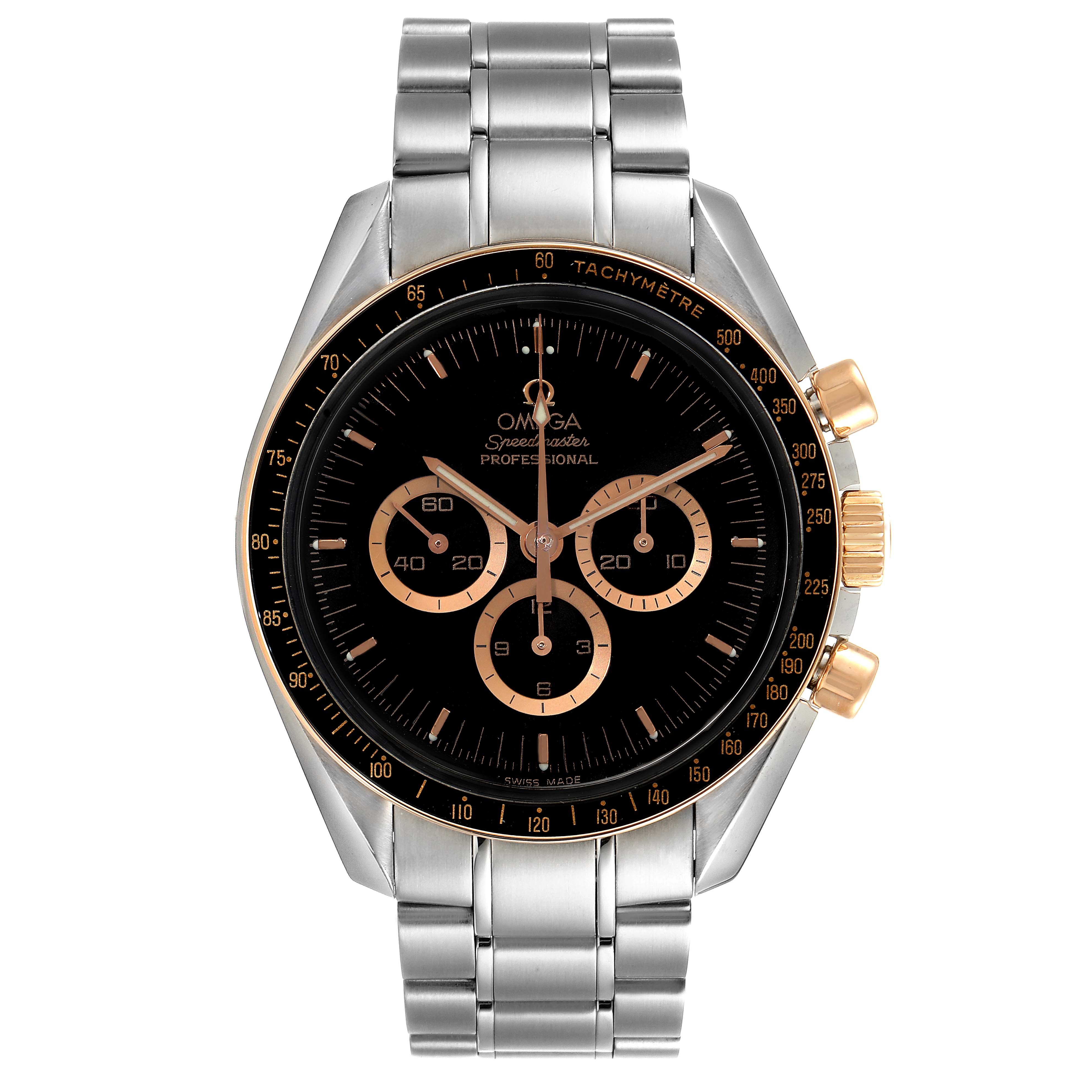 The Omega Speedmaster 3366.51.00 Men's Steel and Gold (two tone) Black Dial 3366.51.00 Men's Steel and Gold (two tone) Black Dial watch is shown from the front, featuring the dial, subdials, bezel, and metallic bracelet.