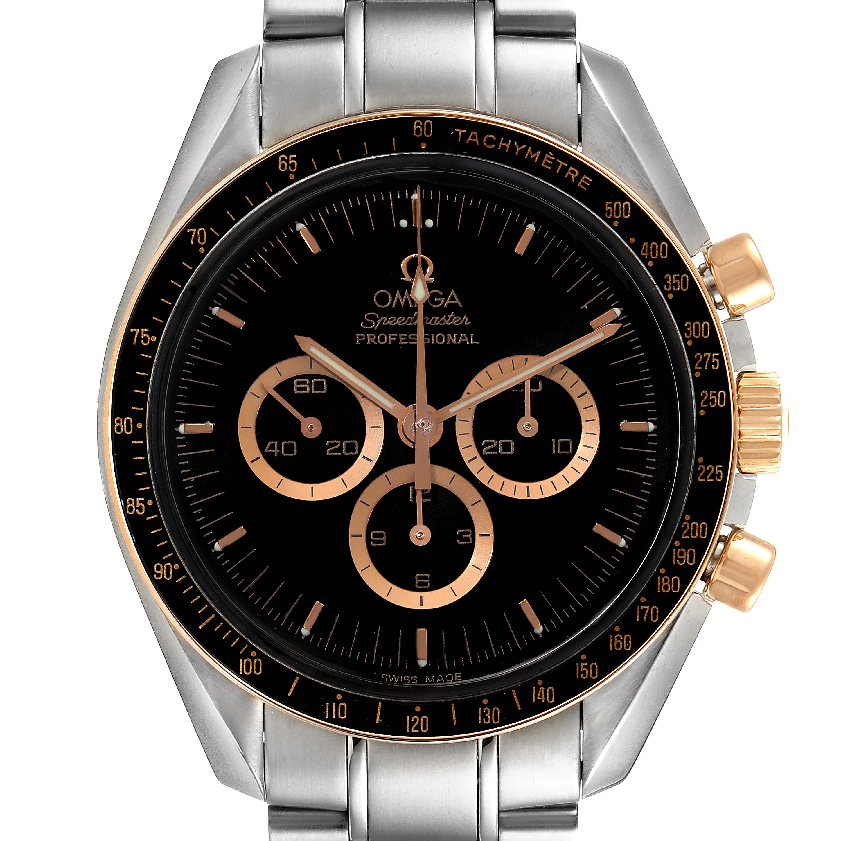 The image shows a front view of the Omega Speedmaster 3366.51.00 Men's Steel and Gold (two tone) Black Dial 3366.51.00 Men's Steel and Gold (two tone) Black Dial, highlighting the dial, bezel, and pushers.