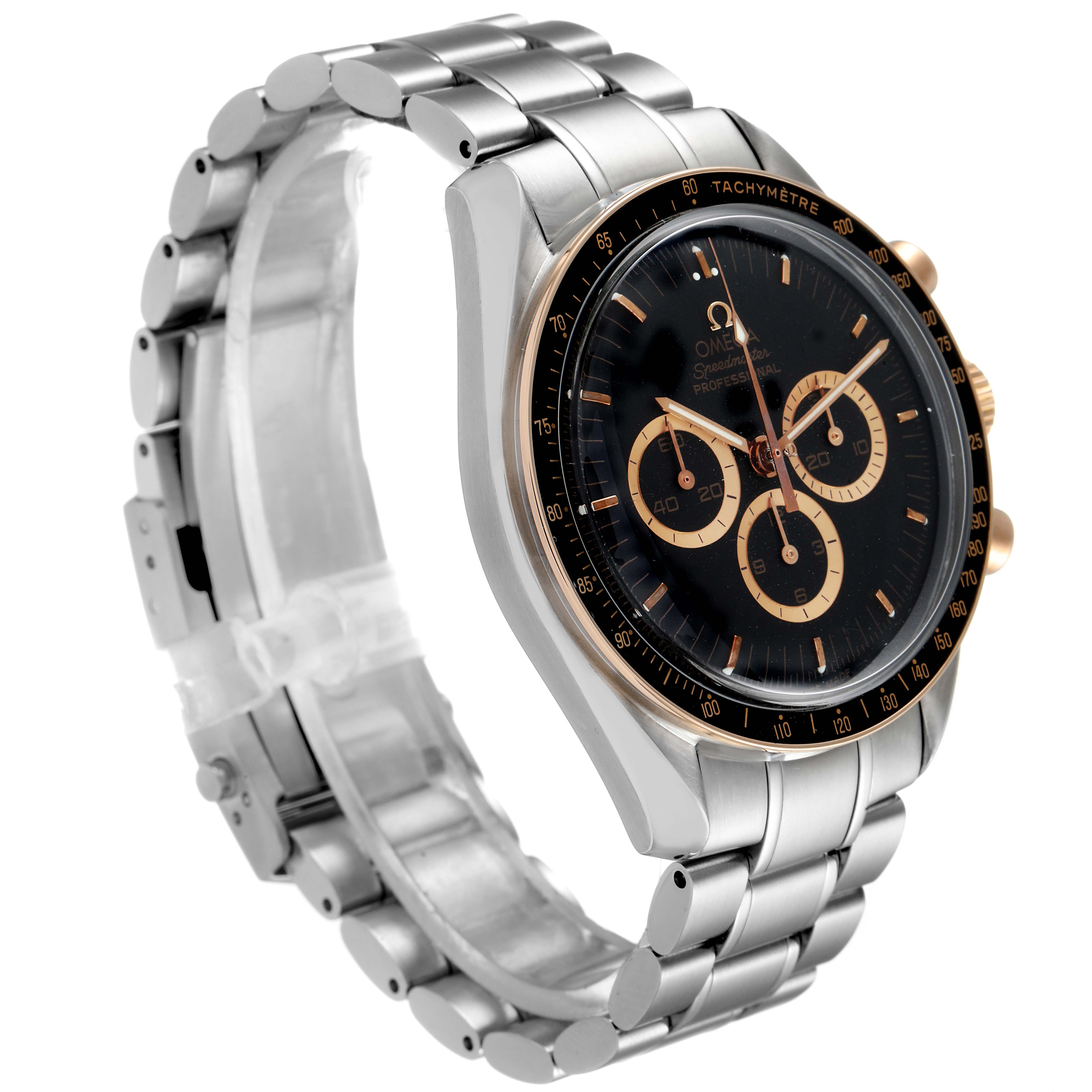 The Omega Speedmaster 3366.51.00 Men's Steel and Gold (two tone) Black Dial 3366.51.00 Men's Steel and Gold (two tone) Black Dial watch is shown at a three-quarter angle, highlighting its dial, bezel, and bracelet.
