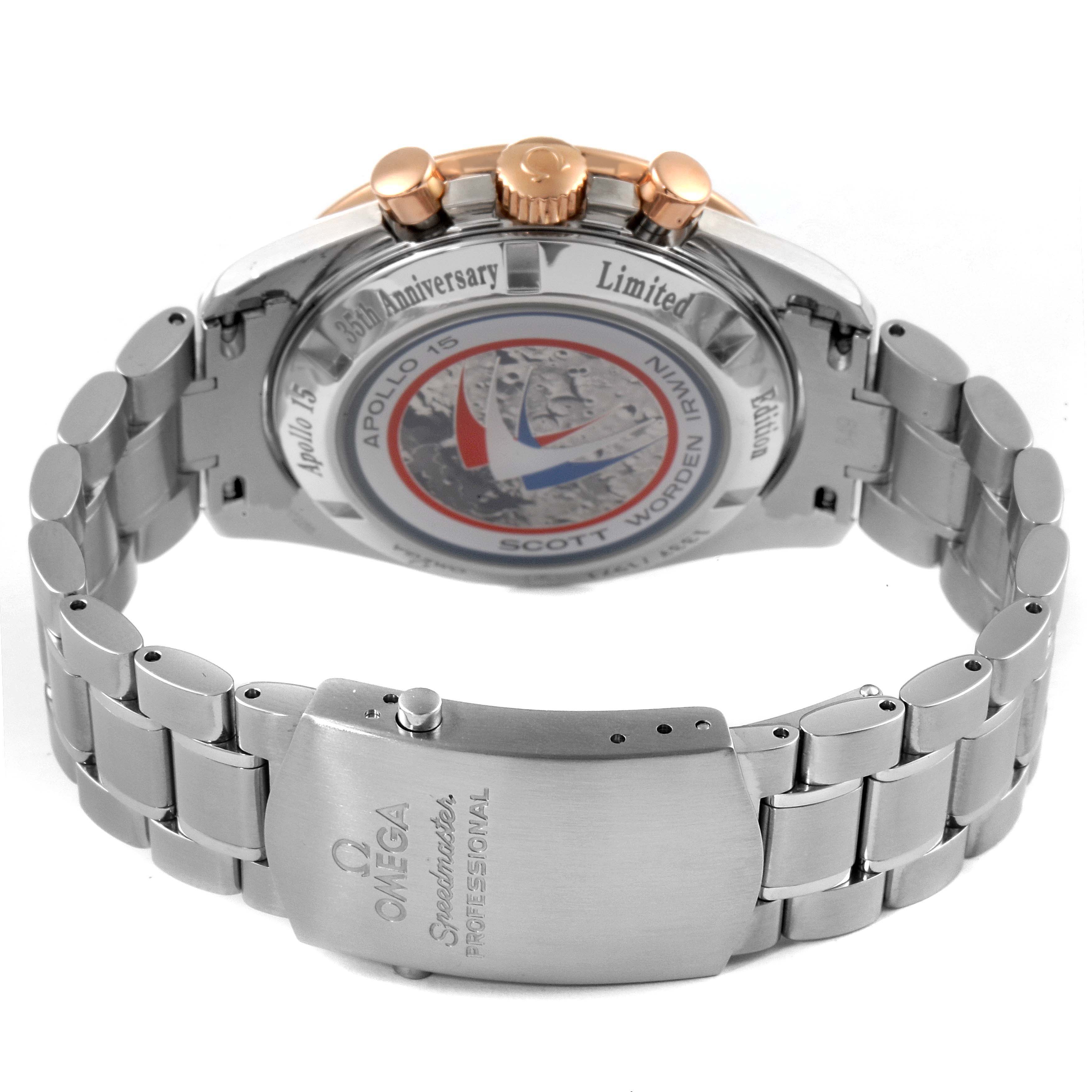 This image shows the back and clasp of the Omega Speedmaster 3366.51.00 Men's Steel and Gold (two tone) Black Dial 3366.51.00 Men's Steel and Gold (two tone) Black Dial, highlighting the Apollo 15 35th Anniversary limited edition details.