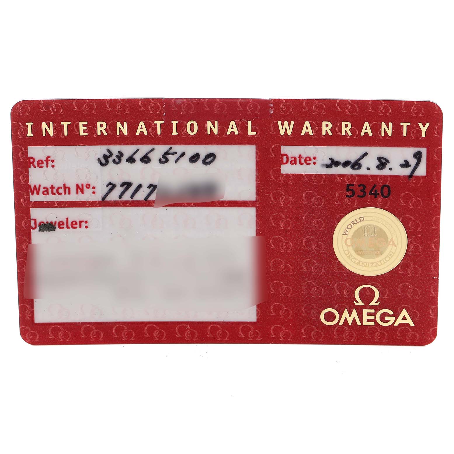 This image shows an Omega Speedmaster 3366.51.00 Men's Steel and Gold (two tone) Black Dial 3366.51.00 Men's Steel and Gold (two tone) Black Dial International Warranty card with reference, watch number, jeweler, and date details.