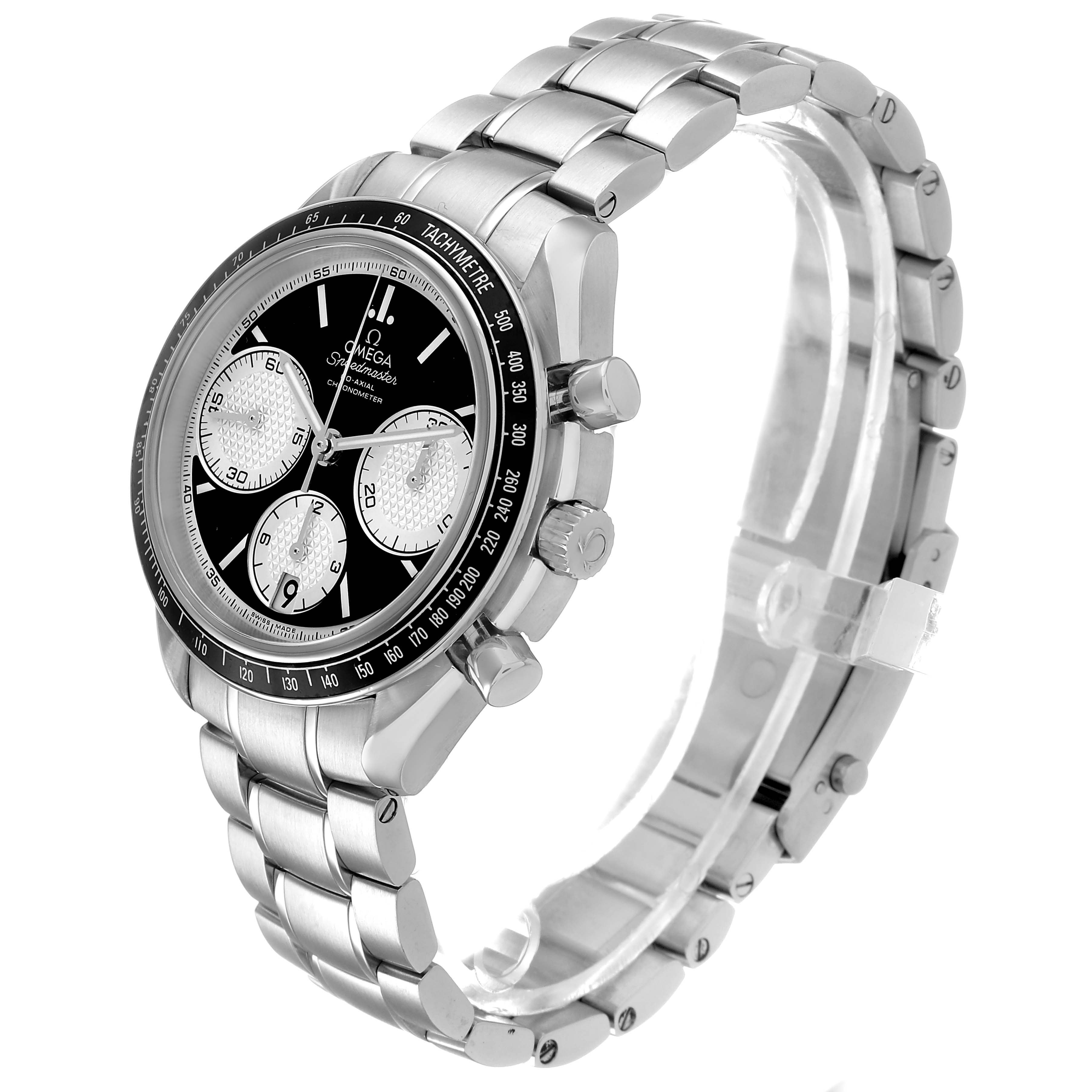 The Omega Speedmaster 326.30.40.50.01.002 Men's Stainless Steel Black Dial watch is shown from a three-quarter angle, displaying the face, bezel, crown, and bracelet.