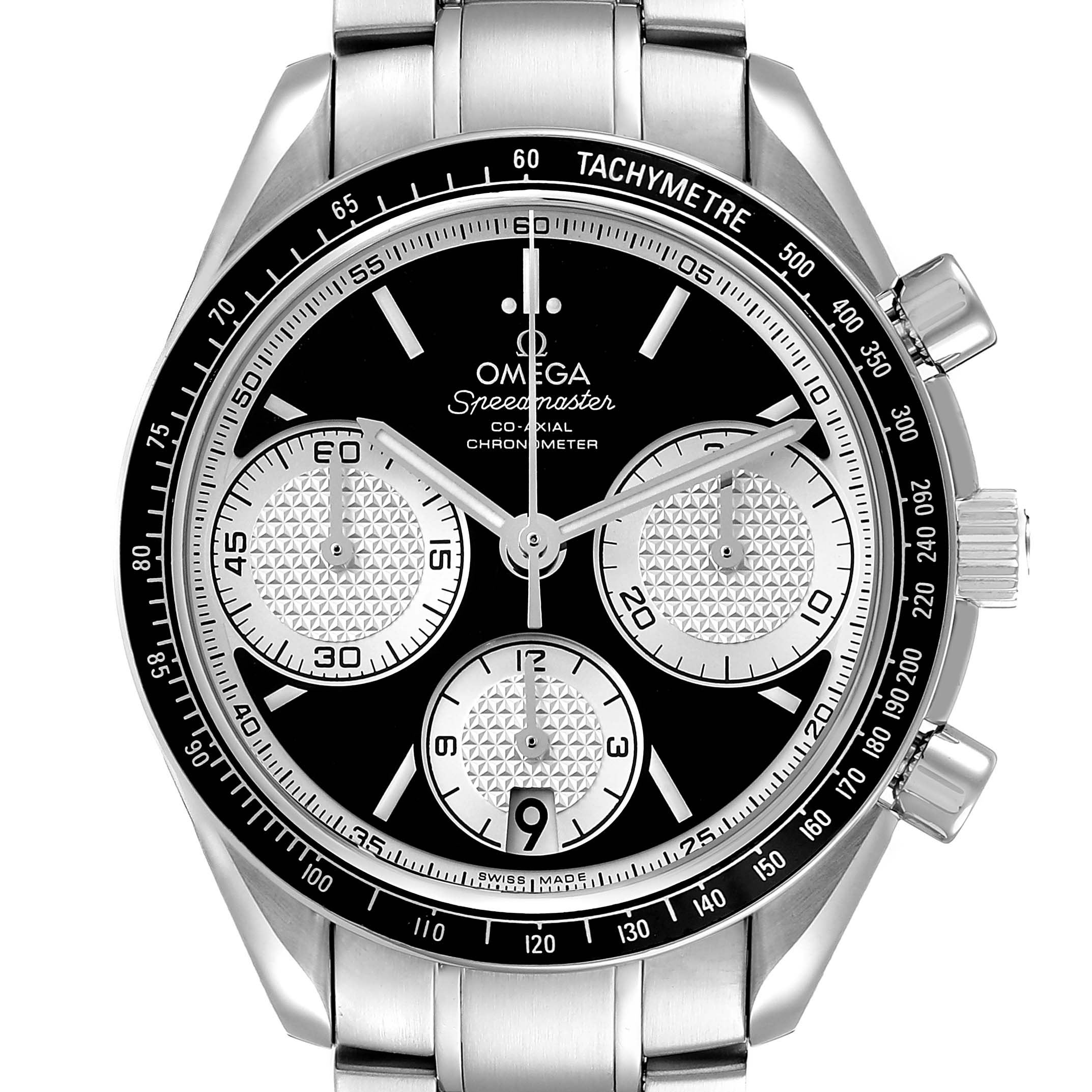 The Omega Speedmaster 326.30.40.50.01.002 Men's Stainless Steel Black Dial is shown from a top-down angle, highlighting its dial, bezel, and chronograph subdials.
