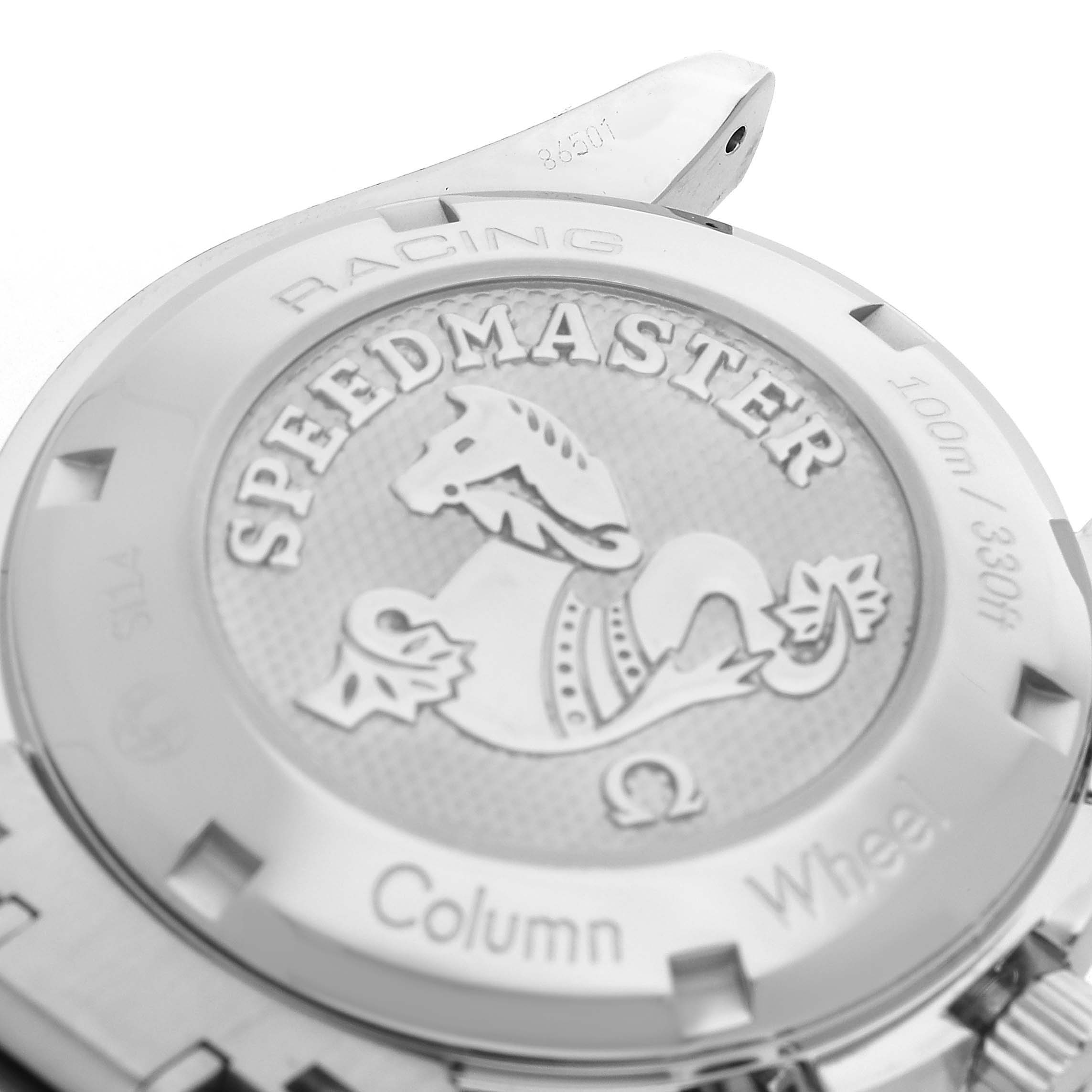 The image shows the Omega Speedmaster 326.30.40.50.01.002 Men's Stainless Steel Black Dial's case back featuring the brand logo and embossed design at a slight angle.