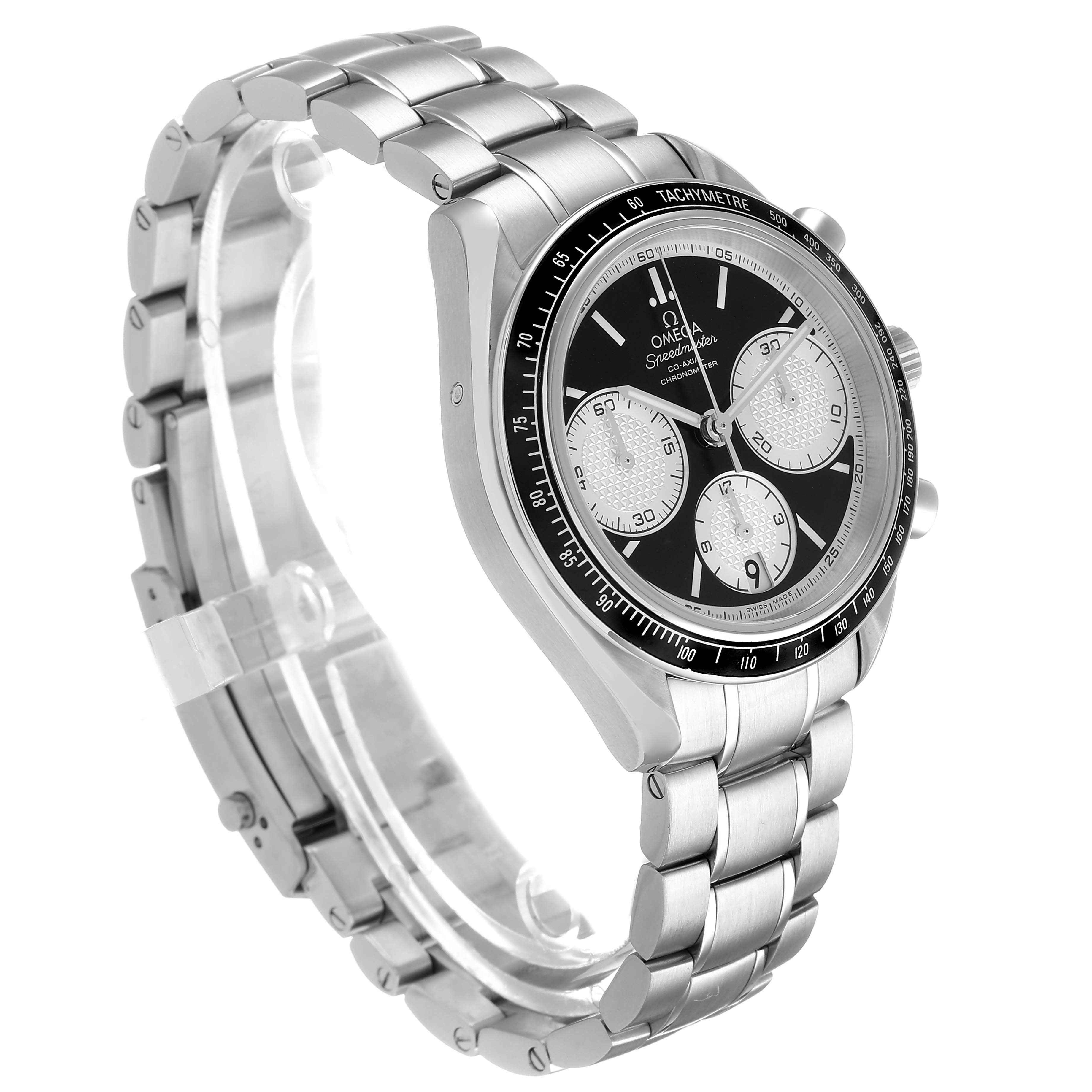 The Omega Speedmaster 326.30.40.50.01.002 Men's Stainless Steel Black Dial is shown at a slight angle, displaying the face, bezel, and metal bracelet.