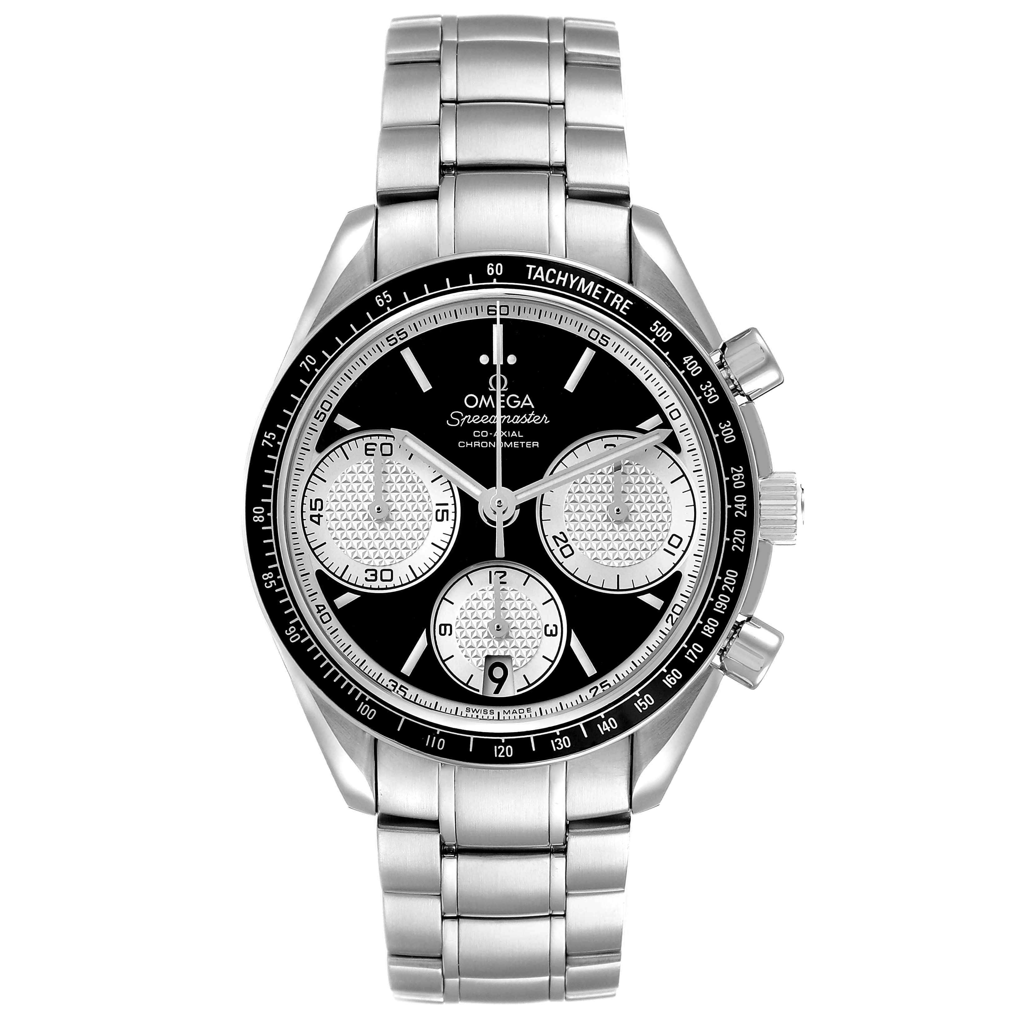 The Omega Speedmaster 326.30.40.50.01.002 Men's Stainless Steel Black Dial watch is shown from the front, displaying the face, subdials, tachymeter bezel, and metal bracelet.