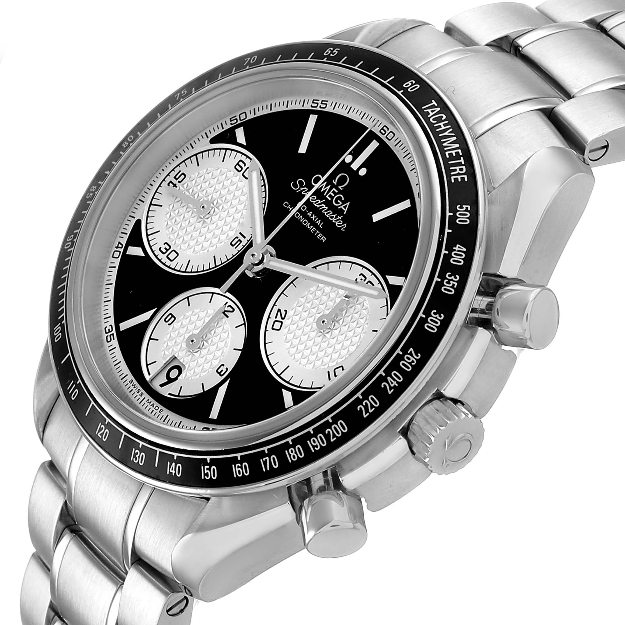 The Omega Speedmaster 326.30.40.50.01.002 Men's Stainless Steel Black Dial watch is shown at an angle highlighting the dial, bezel, crown, pushers, and bracelet.