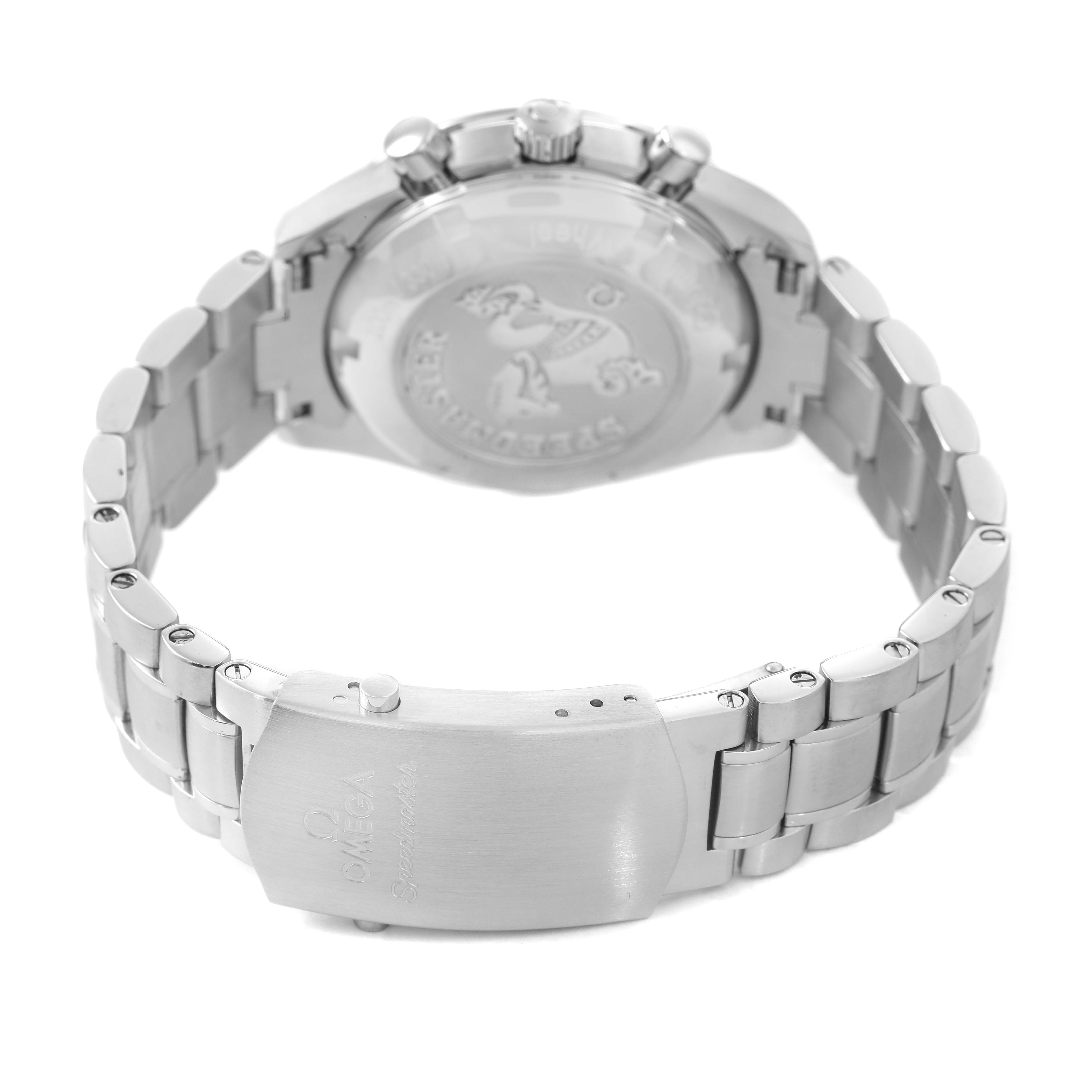 The Omega Speedmaster 326.30.40.50.01.002 Men's Stainless Steel Black Dial watch is shown from a rear angle, displaying the bracelet and engraved clasp.