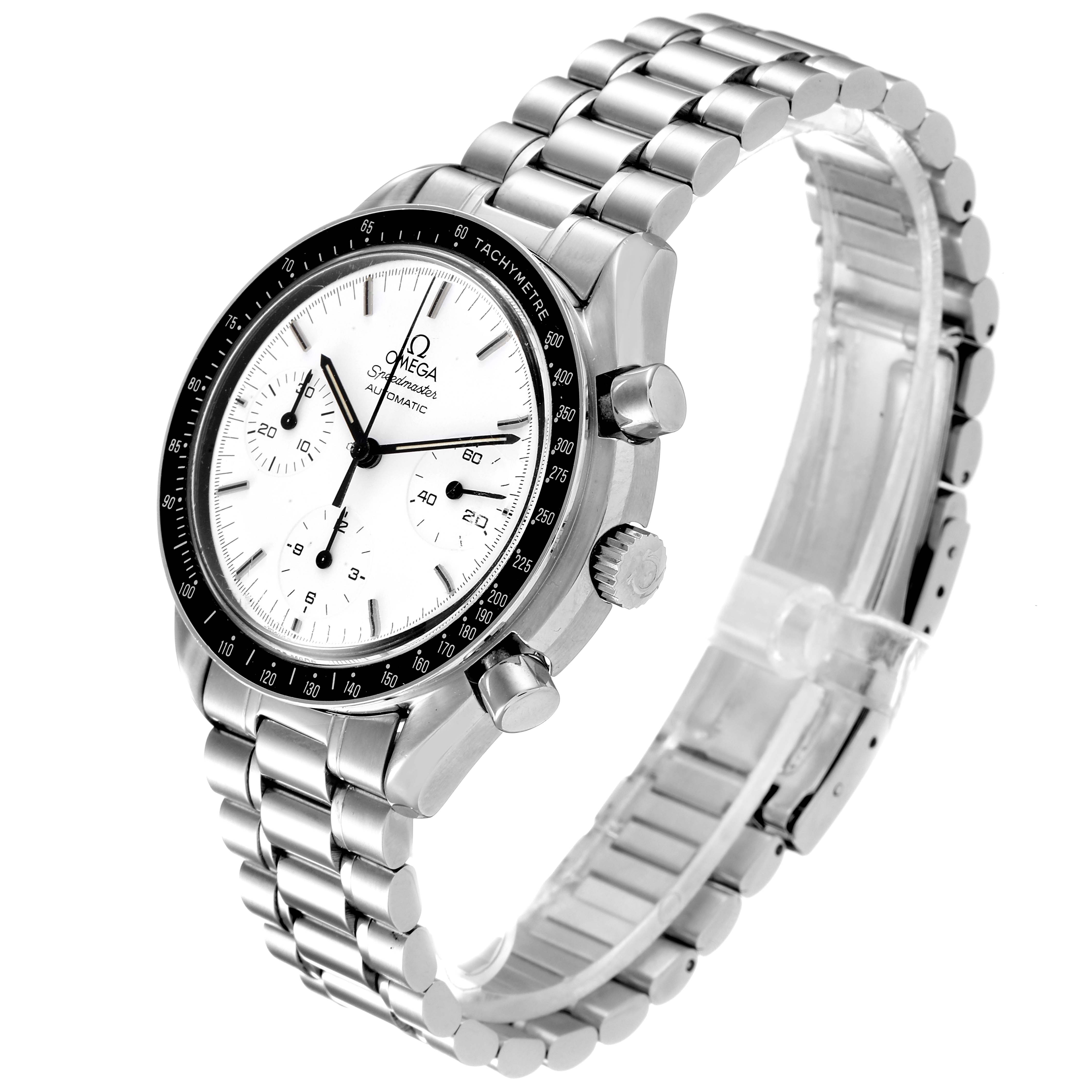 The image shows an angled view of the Omega Speedmaster 3510.20.00 Men
s Stainless Steel White Dial 3510.20.00 Men
s Stainless Steel White Dial watch, highlighting its band, dial, bezel, and pushers.