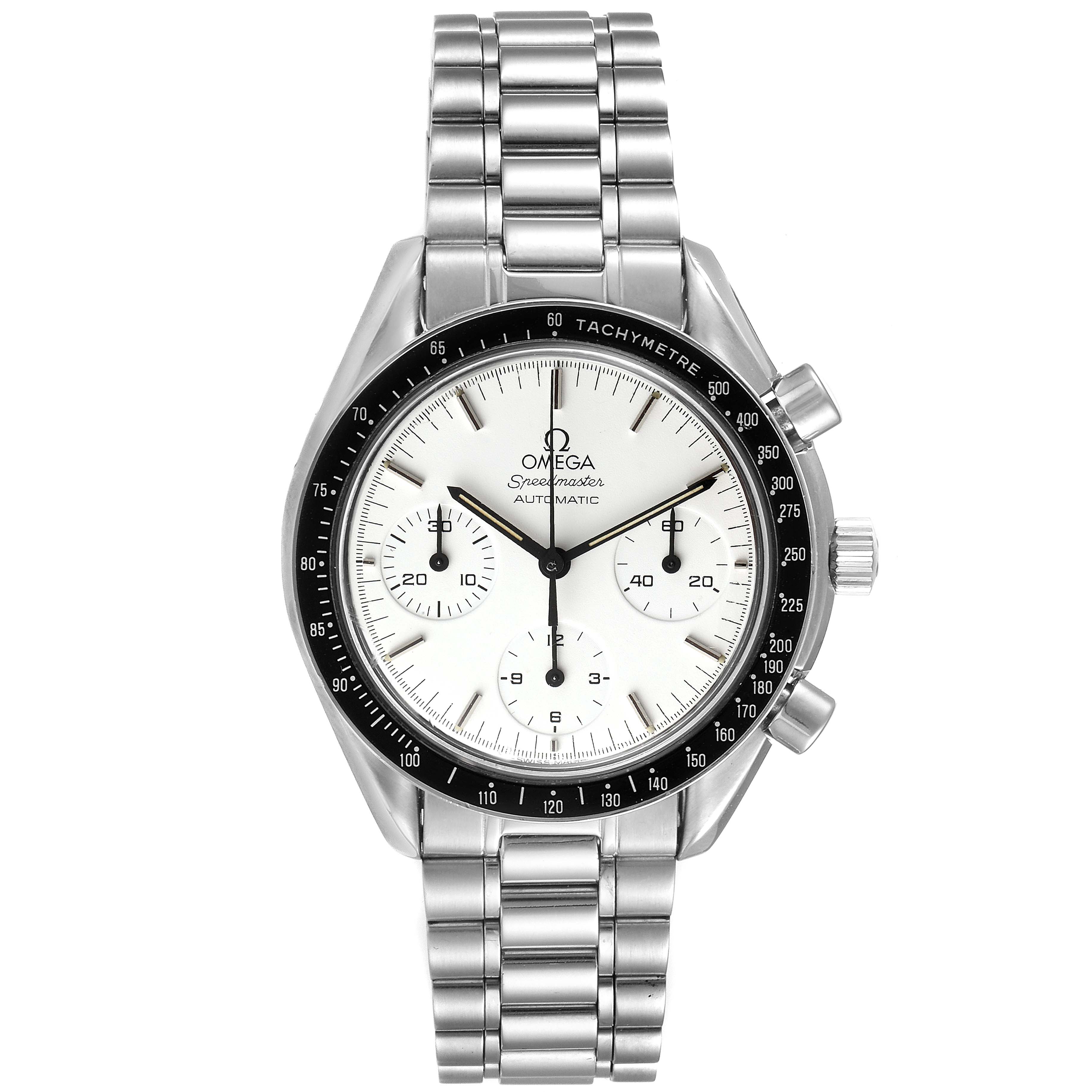 The Omega Speedmaster 3510.20.00 Men
s Stainless Steel White Dial 3510.20.00 Men
s Stainless Steel White Dial watch is shown from the front, displaying the dial, tachymeter bezel, and metal bracelet.