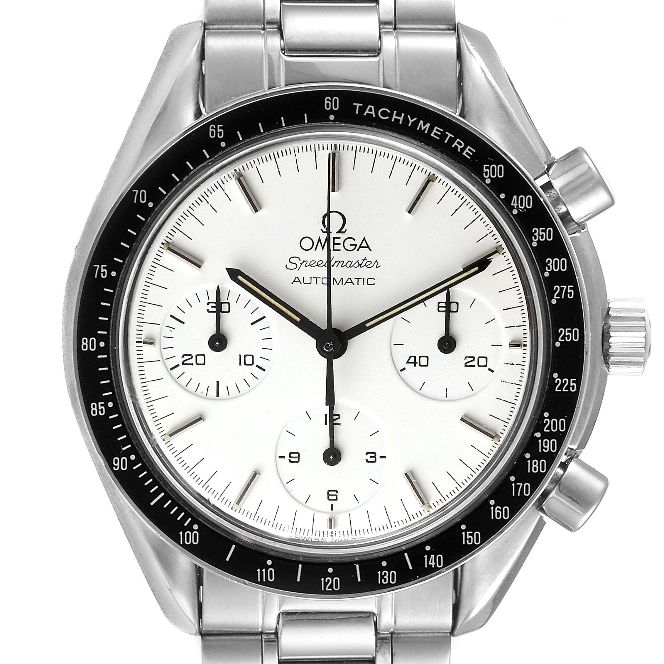 The image shows a front view of the Omega Speedmaster 3510.20.00 Men
s Stainless Steel White Dial 3510.20.00 Men
s Stainless Steel White Dial, highlighting the dial, tachymeter bezel, and chronograph sub-dials.