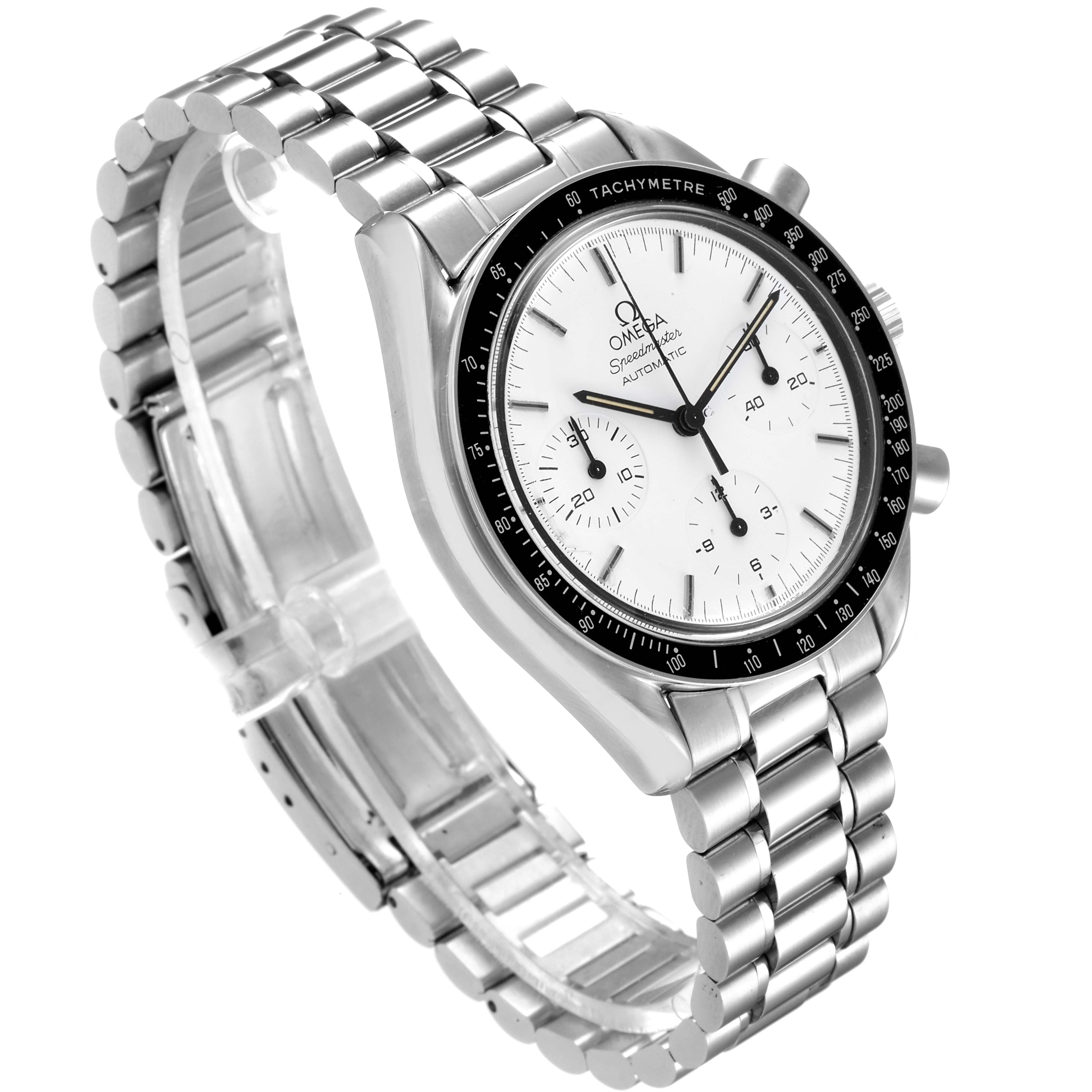 The Omega Speedmaster 3510.20.00 Men
s Stainless Steel White Dial 3510.20.00 Men
s Stainless Steel White Dial watch is shown at an angled view, displaying its white dial, black tachymeter bezel, and stainless steel bracelet.