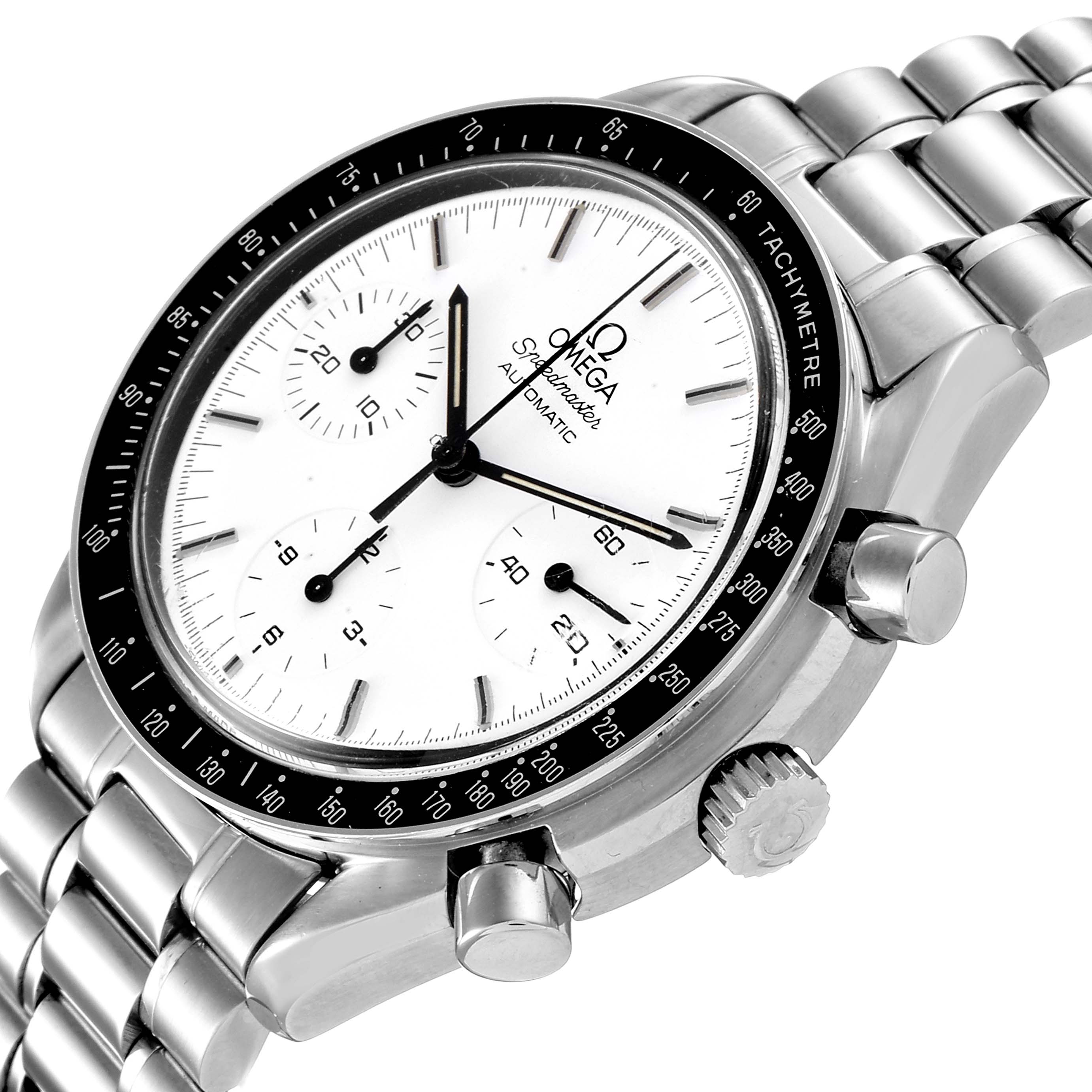 The image shows a close-up of an Omega Speedmaster 3510.20.00 Men
s Stainless Steel White Dial 3510.20.00 Men
s Stainless Steel White Dial watch at an angled view, highlighting the dial, bezel, and chronograph buttons.