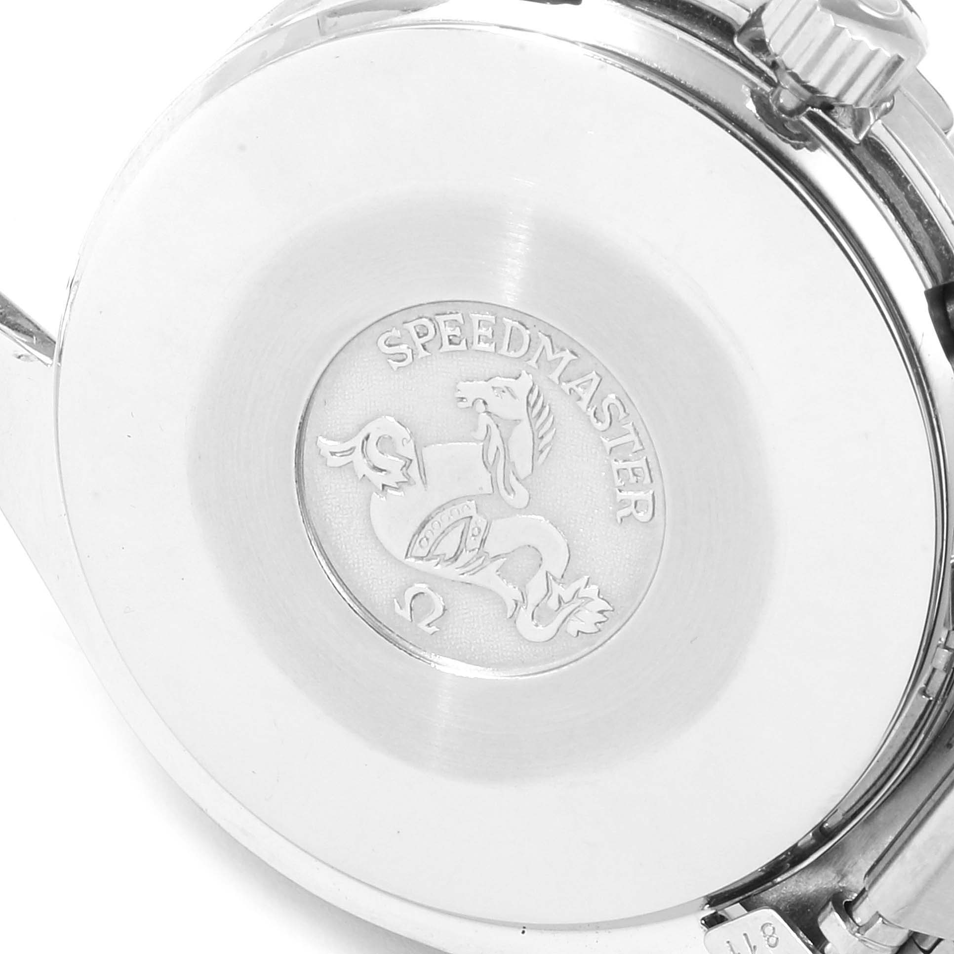 This image shows the back case of an Omega Speedmaster 3510.20.00 Men
s Stainless Steel White Dial 3510.20.00 Men
s Stainless Steel White Dial watch with its engraved logo.