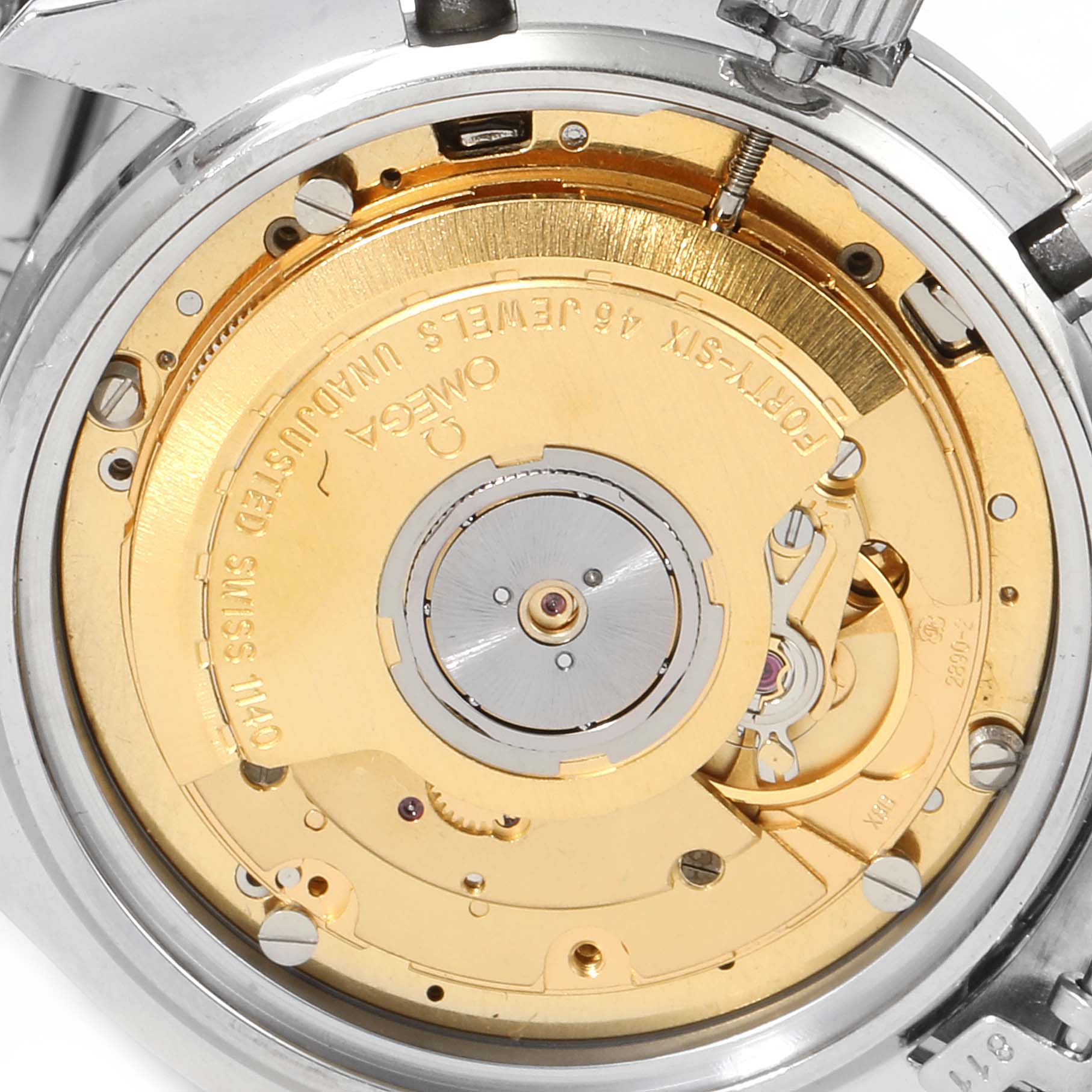 This image shows the back case of an Omega Speedmaster 3510.20.00 Men
s Stainless Steel White Dial 3510.20.00 Men
s Stainless Steel White Dial model, revealing its internal mechanical movement.