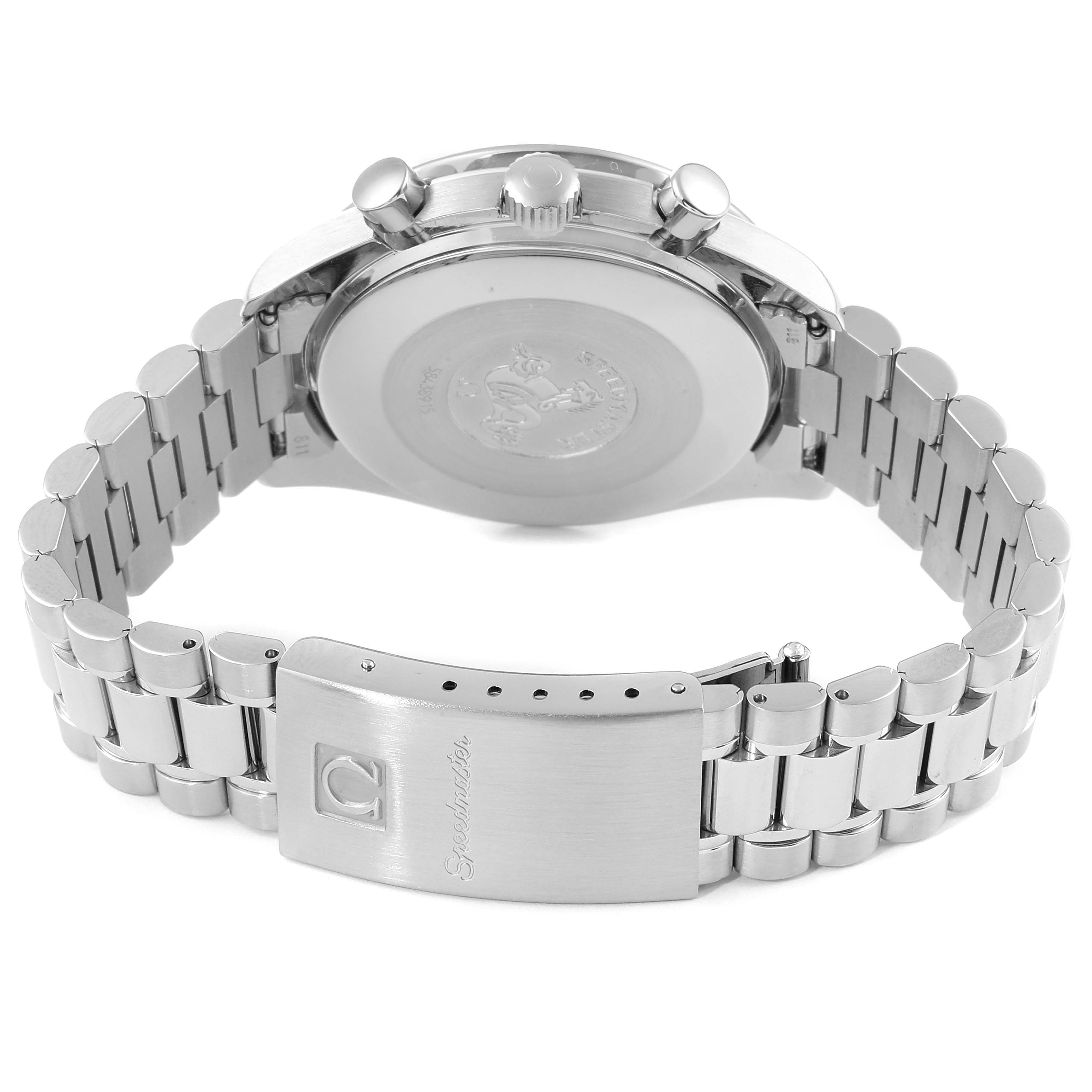 The angle shows the back of the Omega Speedmaster 3510.82.00 Men's Stainless Steel Blue Dial 3510.82.00 Men's Stainless Steel Blue Dial watch, highlighting the clasp, bracelet, and case back.