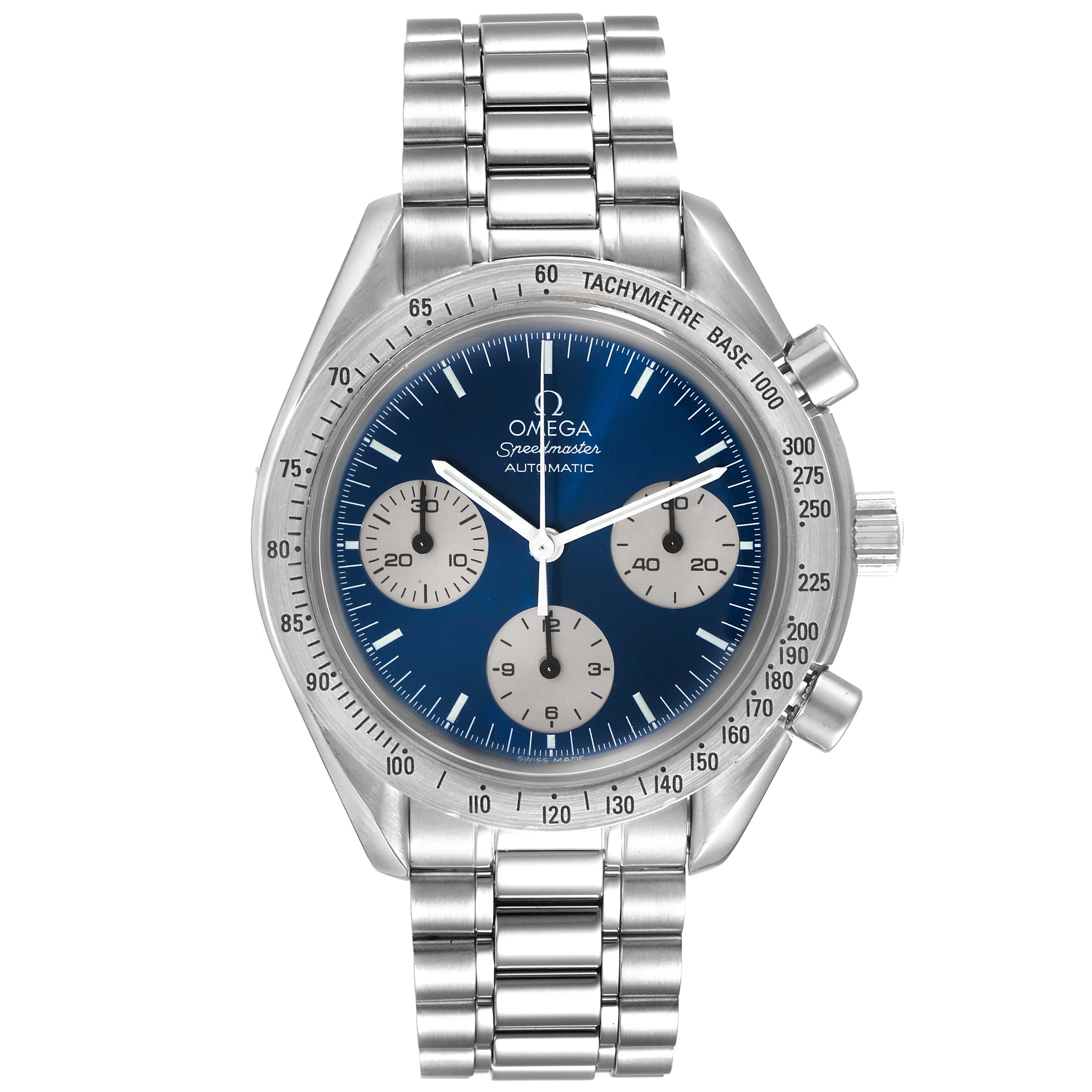 This image shows a front view of an Omega Speedmaster 3510.82.00 Men's Stainless Steel Blue Dial 3510.82.00 Men's Stainless Steel Blue Dial watch, displaying the dial, chronograph subdials, and stainless steel bracelet.