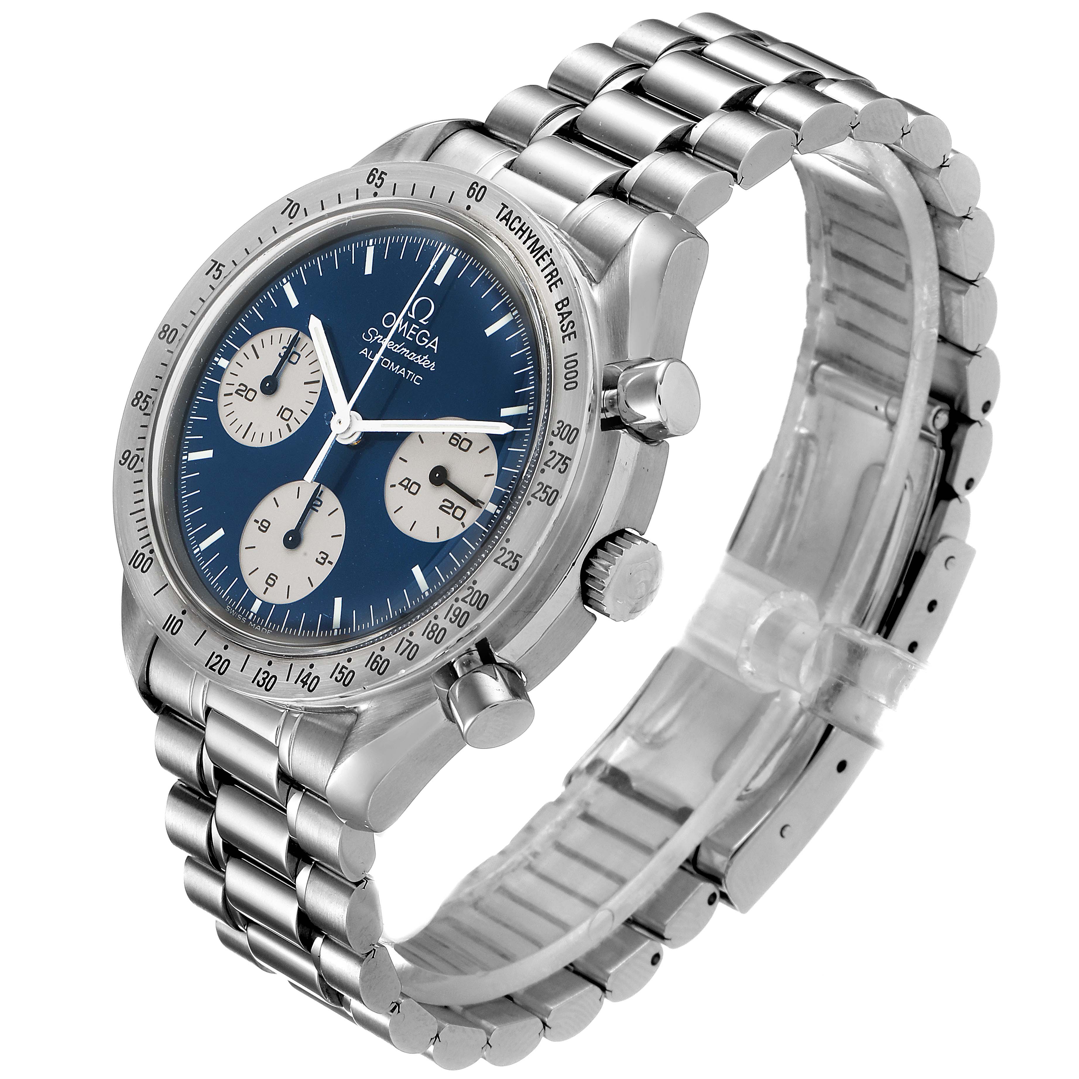 The image shows an Omega Speedmaster 3510.82.00 Men's Stainless Steel Blue Dial 3510.82.00 Men's Stainless Steel Blue Dial watch at a three-quarters angle highlighting the face, bezel, and bracelet.