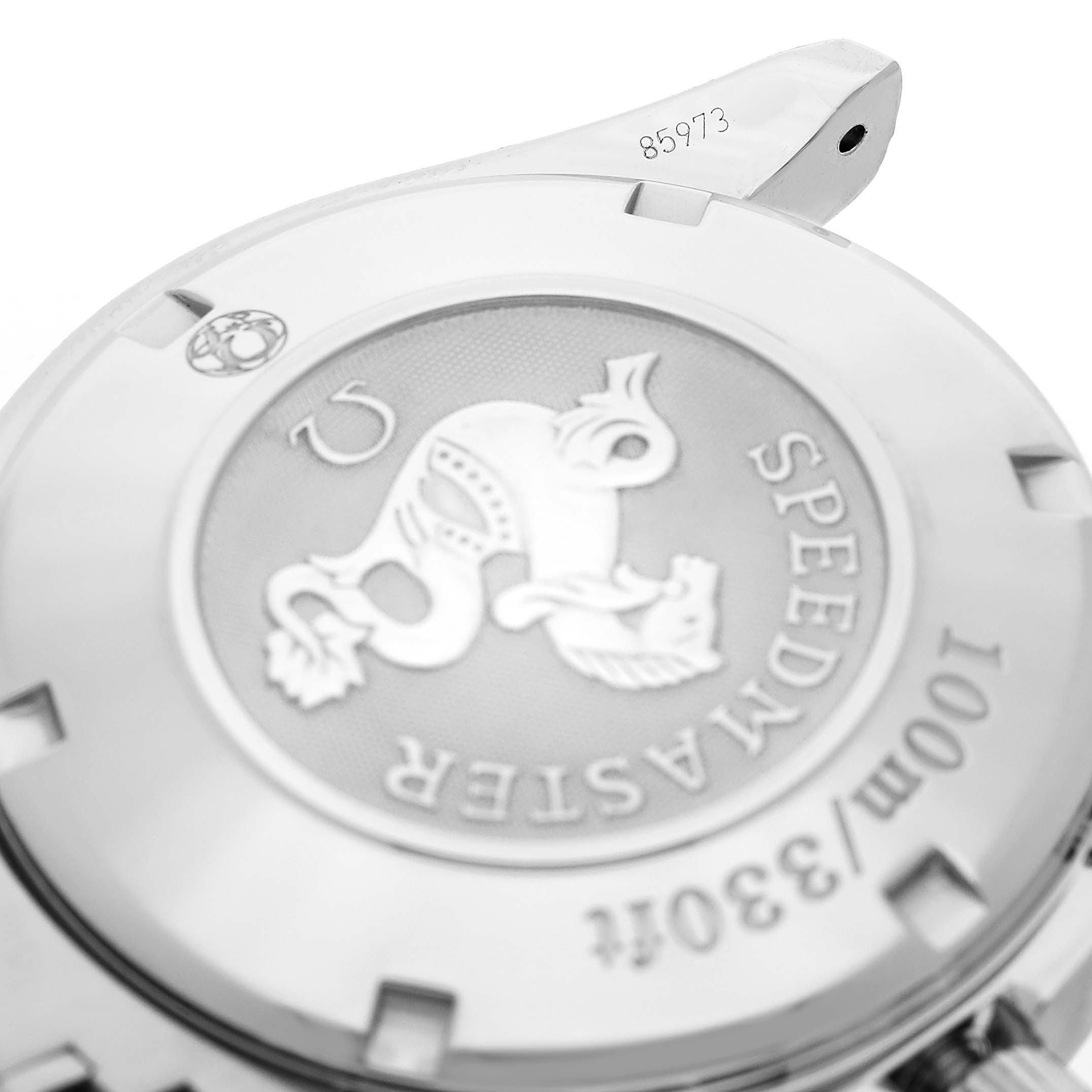 The image shows the case back of the Omega Speedmaster 3210.50.00 Men's Stainless Steel Black Dial, featuring the embossed logo and specifications.