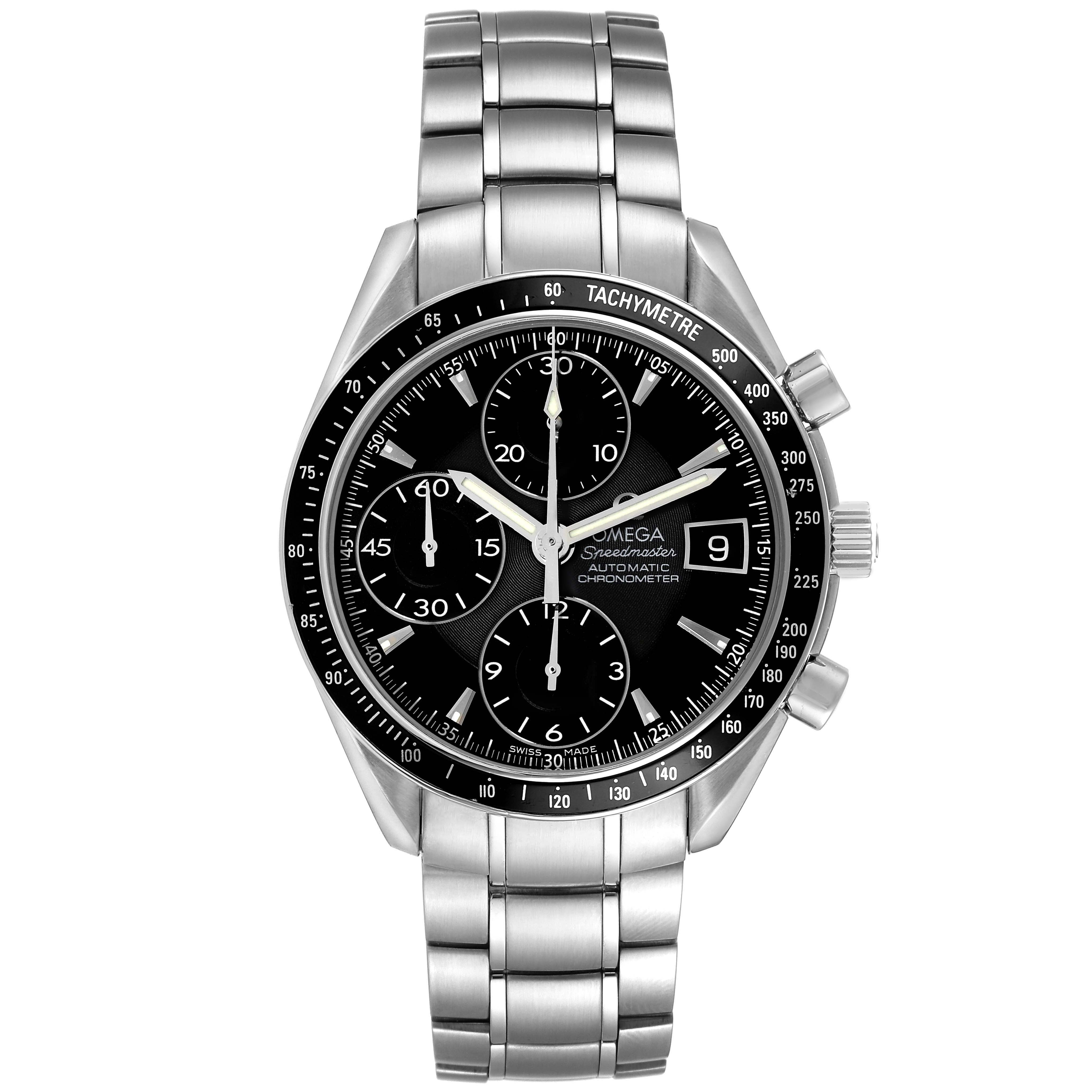 The Omega Speedmaster 3210.50.00 Men's Stainless Steel Black Dial watch is shown from the front, displaying the dial, subdials, tachymeter bezel, and stainless steel bracelet.