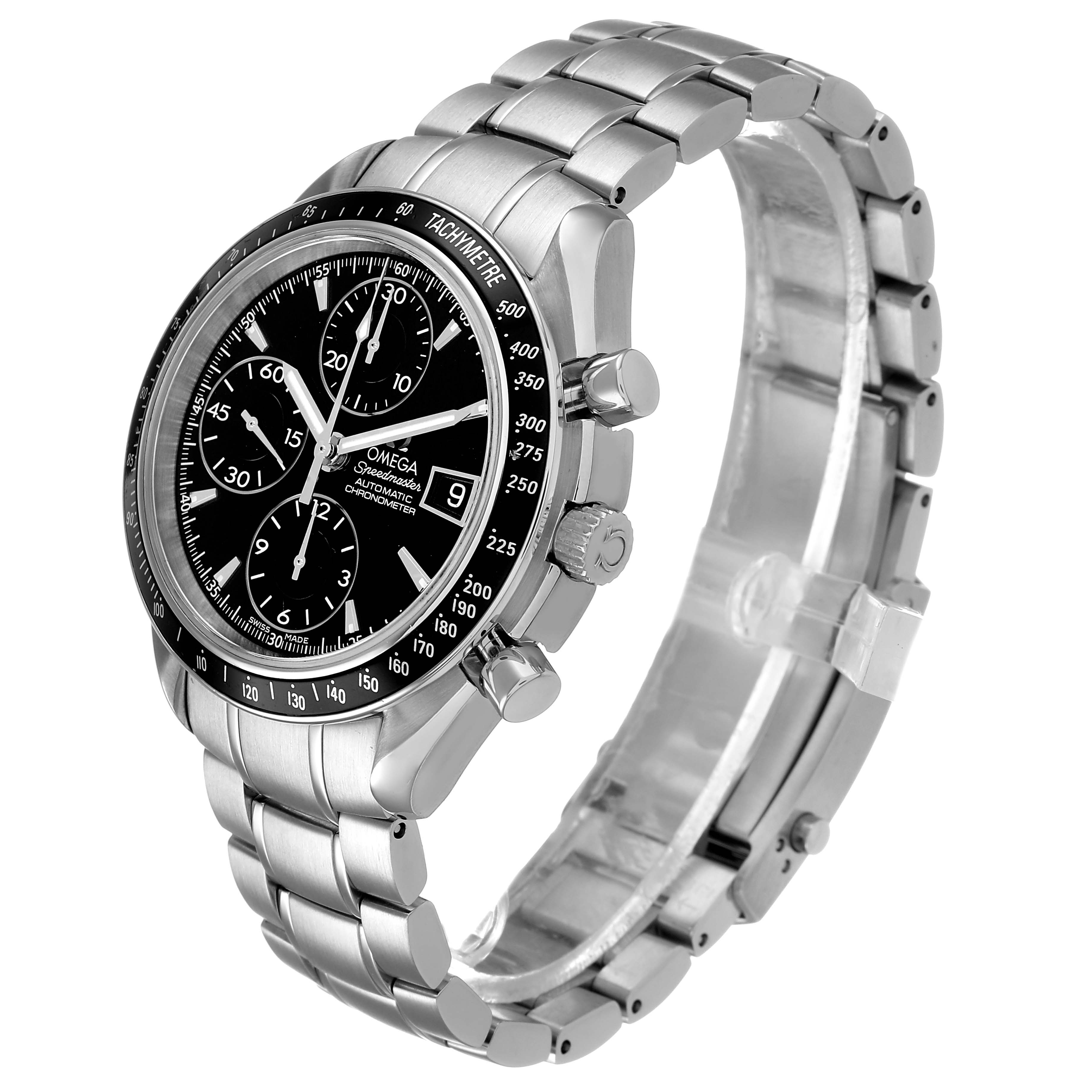 The Omega Speedmaster 3210.50.00 Men's Stainless Steel Black Dial watch is shown at a three-quarter angle, highlighting the dial, bezel, chronograph buttons, and bracelet.
