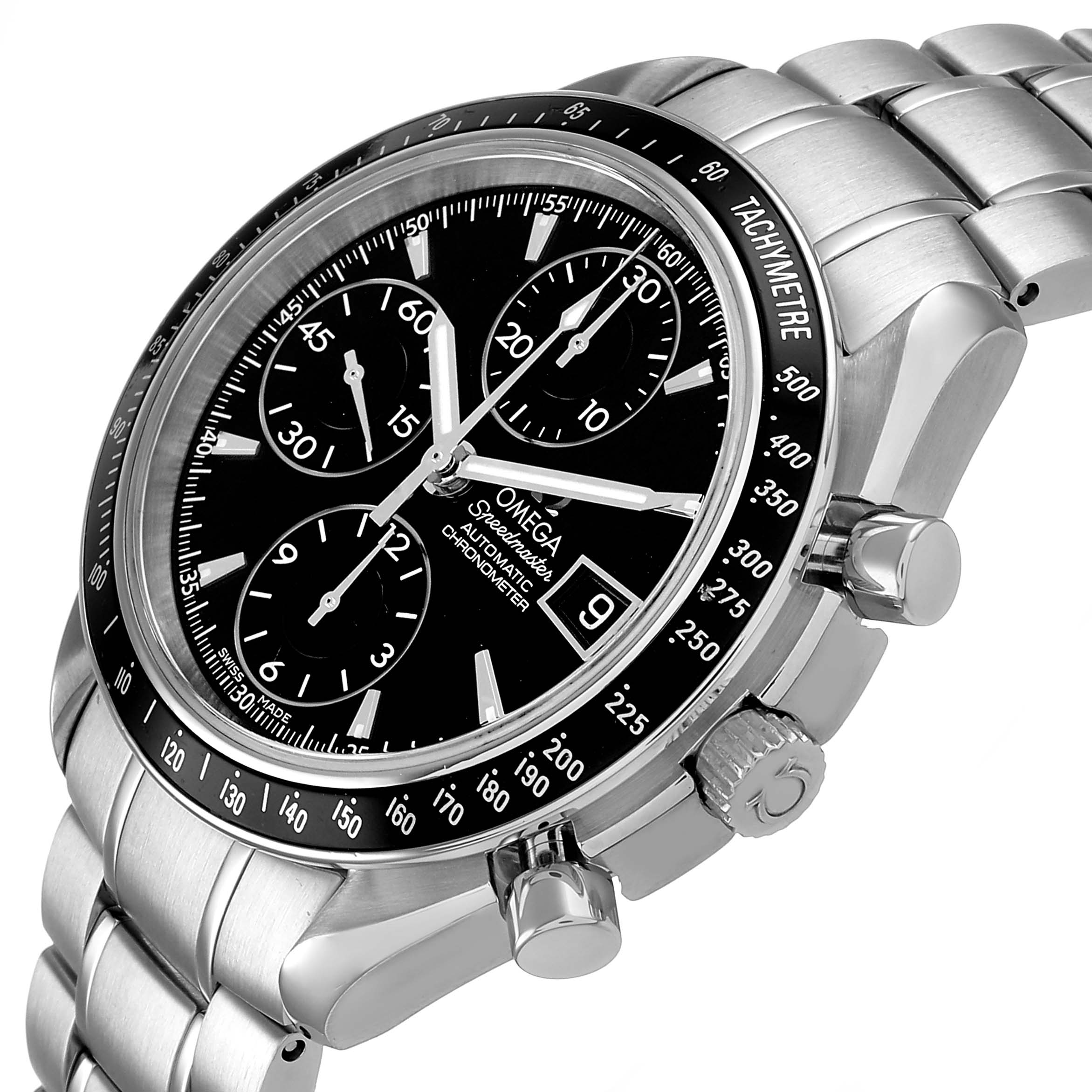 The Omega Speedmaster 3210.50.00 Men's Stainless Steel Black Dial watch is shown from a side angle, highlighting its chronograph dials, tachymeter, and bracelet.