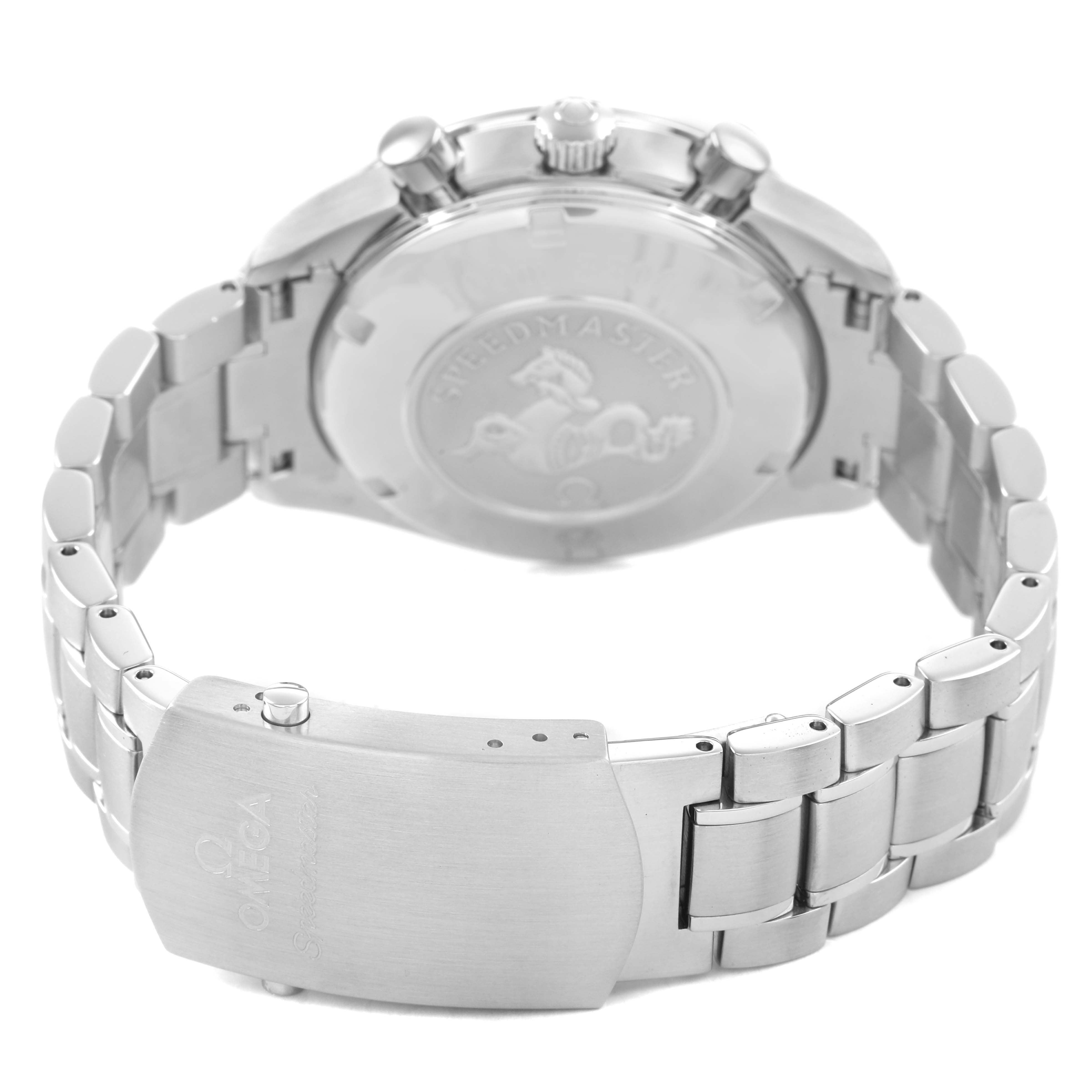 The image shows the back and side view of the Omega Speedmaster 3210.50.00 Men's Stainless Steel Black Dial watch, featuring its clasp and stainless steel bracelet.