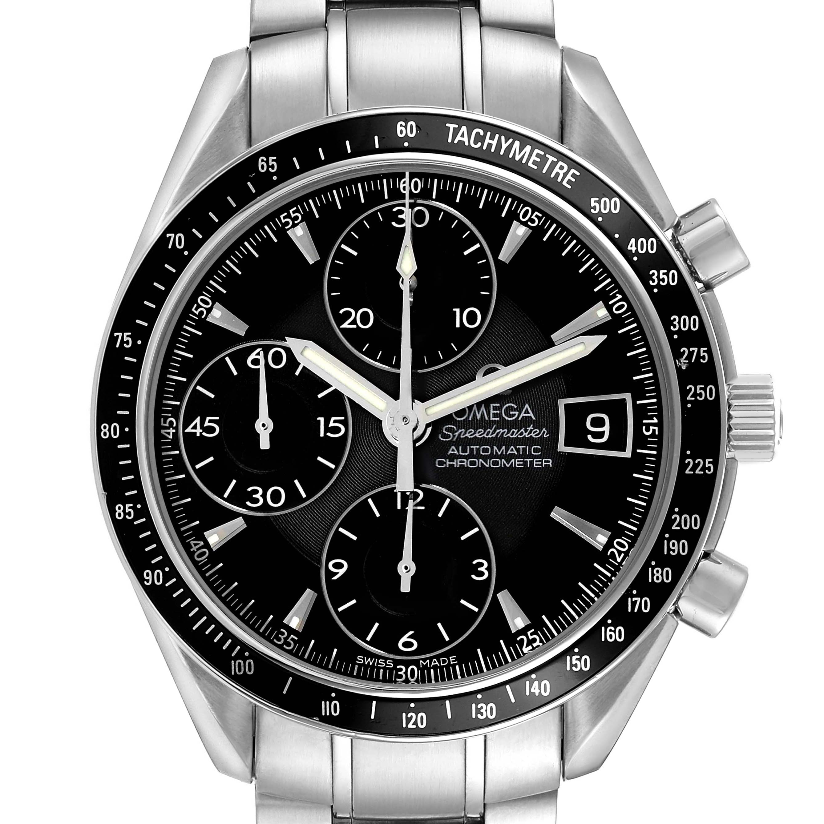 The Omega Speedmaster 3210.50.00 Men's Stainless Steel Black Dial watch is shown from the front, detailing the dial, bezel, subdials, date window, and part of the bracelet.