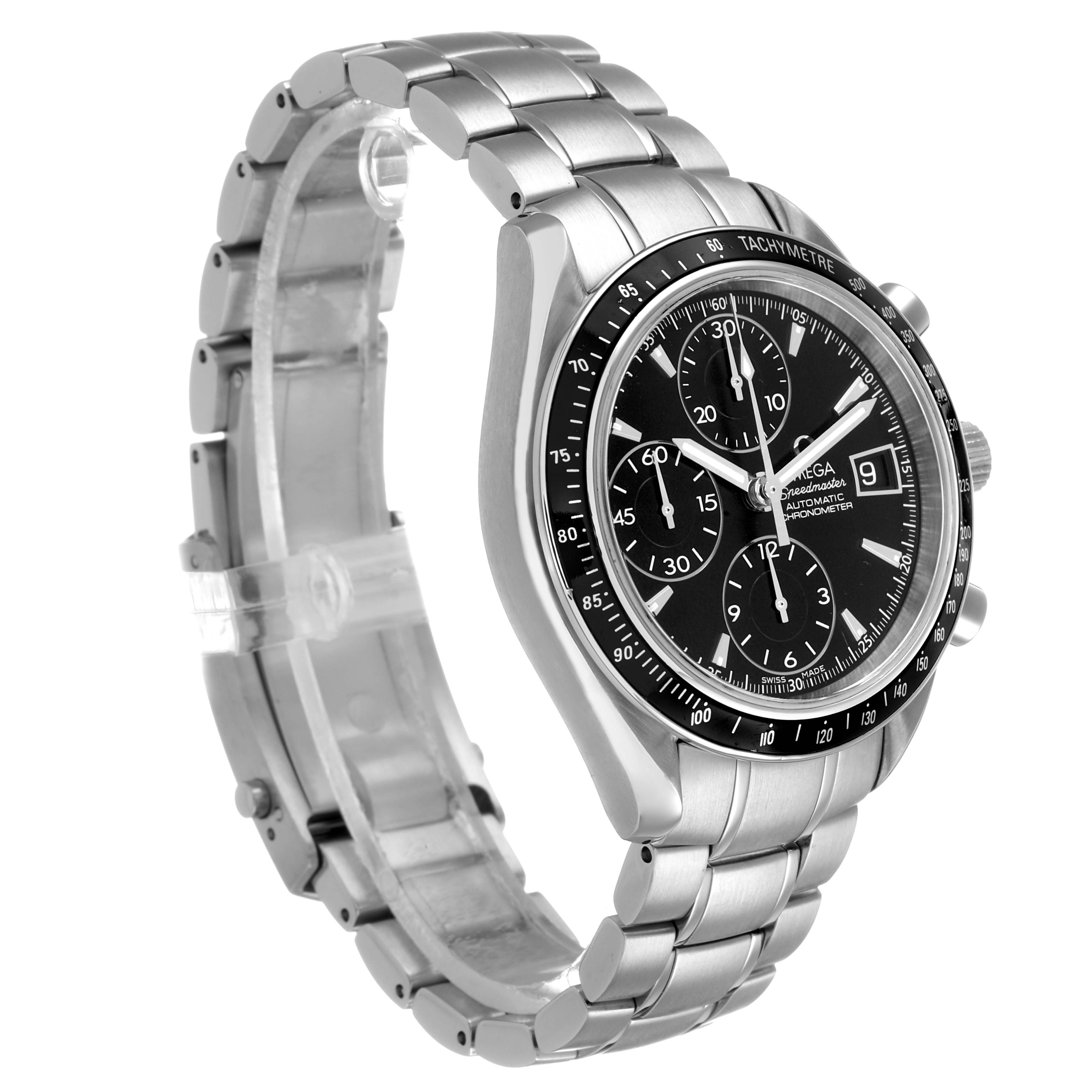 The Omega Speedmaster 3210.50.00 Men's Stainless Steel Black Dial is shown at a three-quarter angle, highlighting the face, bezel, and metal bracelet.