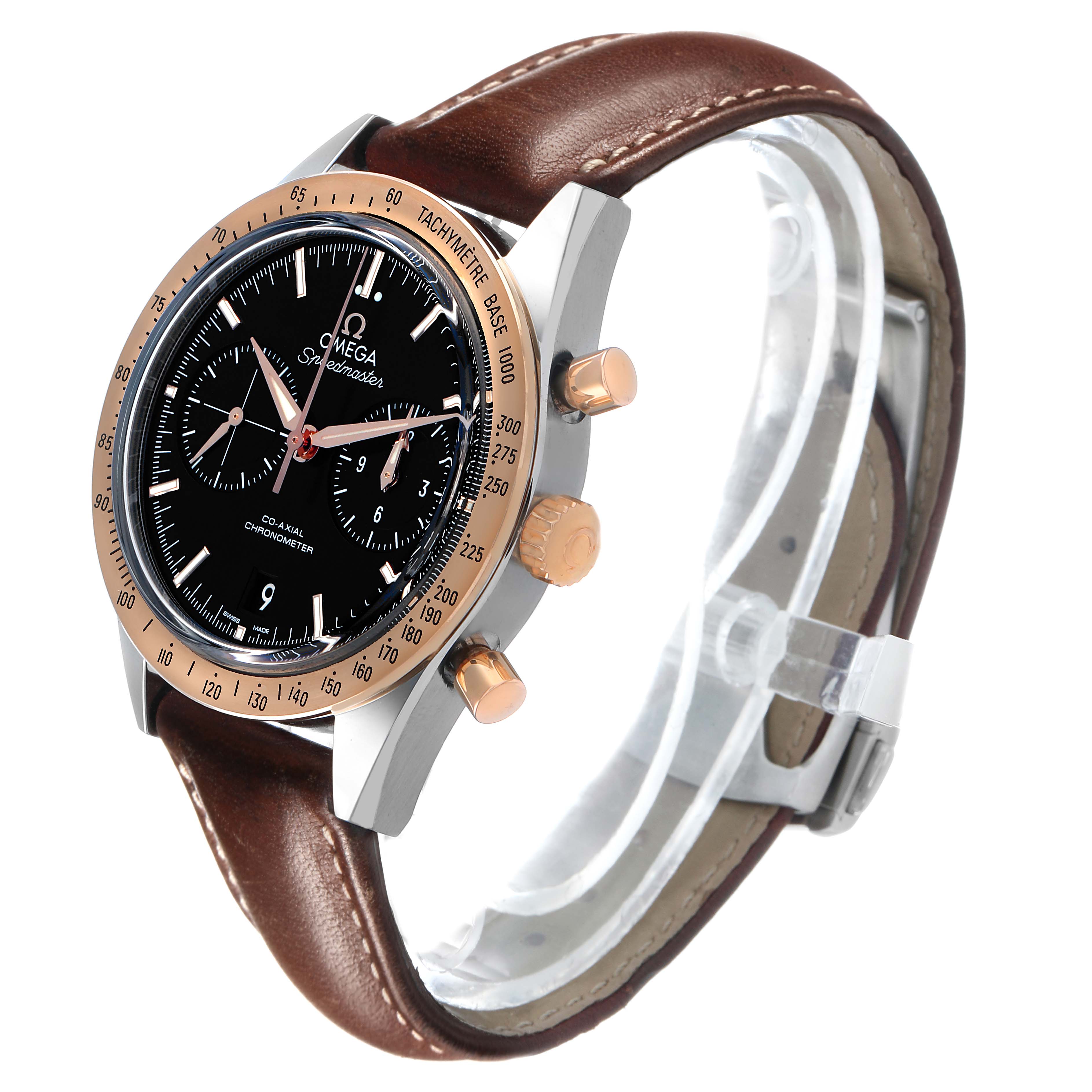 The Omega Speedmaster 331.22.42.51.01.001 Men's Steel and Gold (two tone) Black Dial watch is shown at a three-quarter angle, highlighting its bezel, dial, crown, and partially the strap.