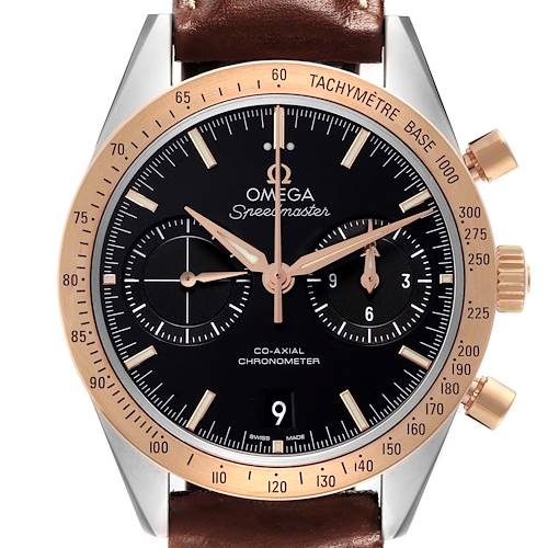 The Omega Speedmaster 331.22.42.51.01.001 Men's Steel and Gold (two tone) Black Dial watch is shown from the front, highlighting its black dial, rose gold bezel, and brown leather strap.