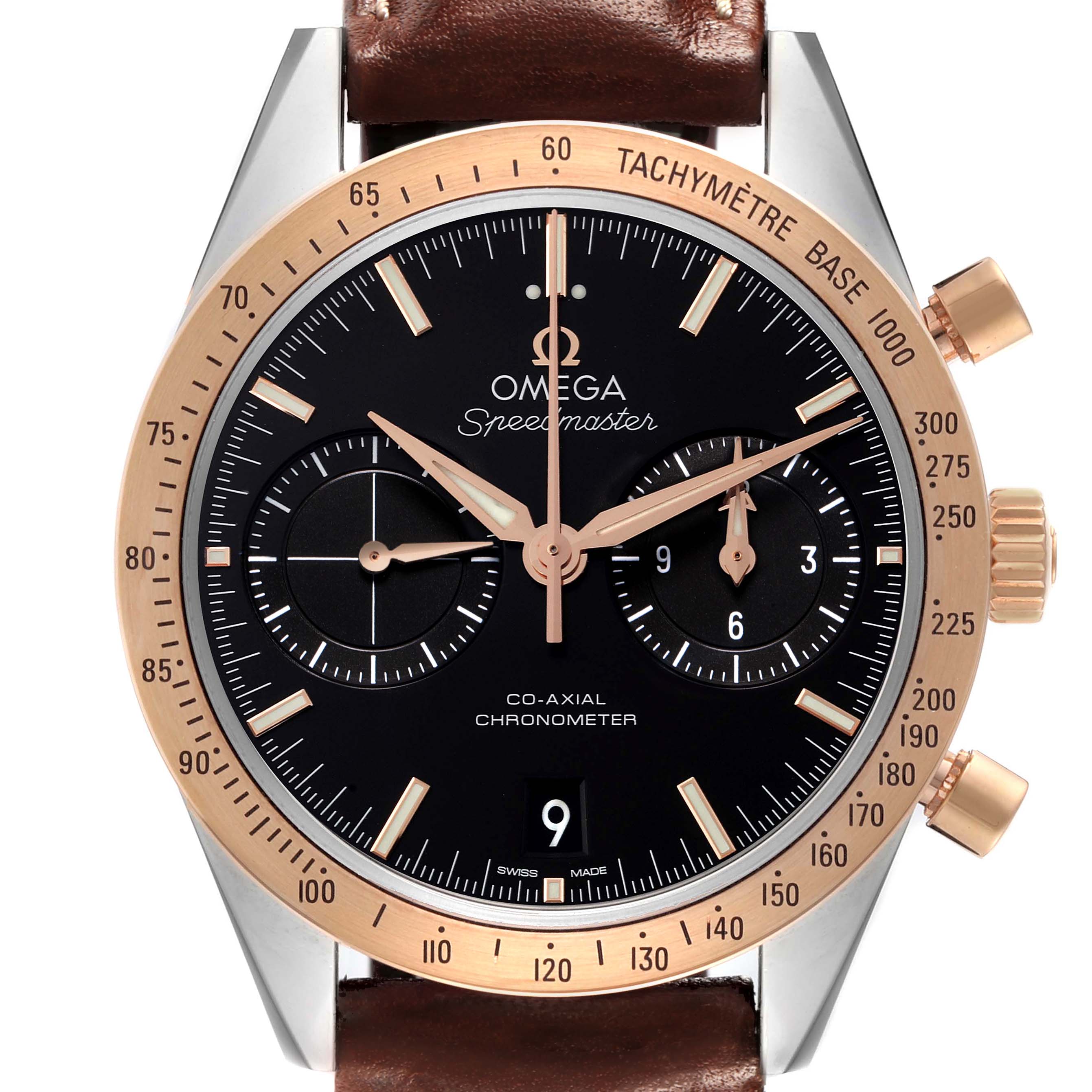 The image shows a frontal view of the Omega Speedmaster 331.22.42.51.01.001 Men's Steel and Gold (two tone) Black Dial watch, highlighting its black dial, gold tachymeter bezel, and brown strap.